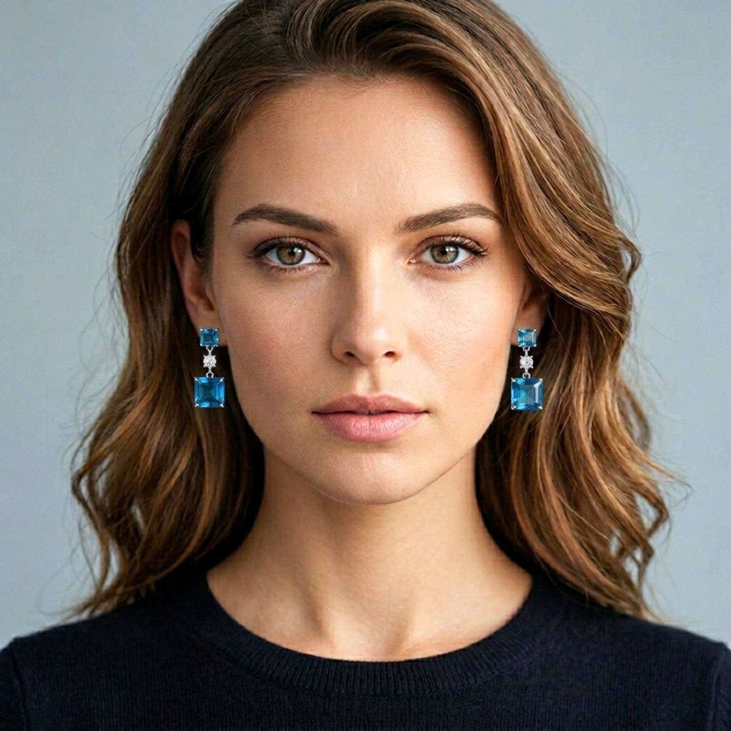 Attractive woman wearing blue earrings against a plain background. Digitally rendered model for scale.
