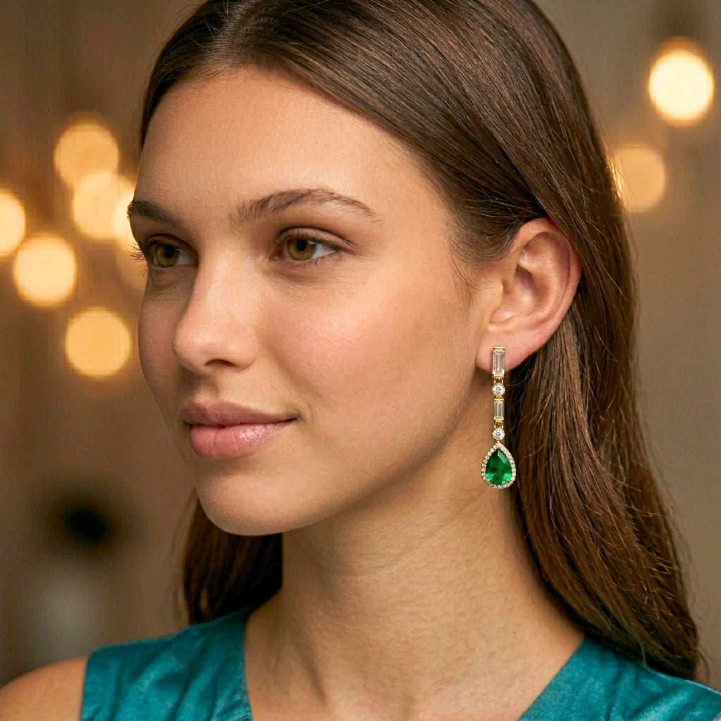 Close-up of a woman wearing emerald green earrings with a blurred bokeh background. Digitally rendered model for scale