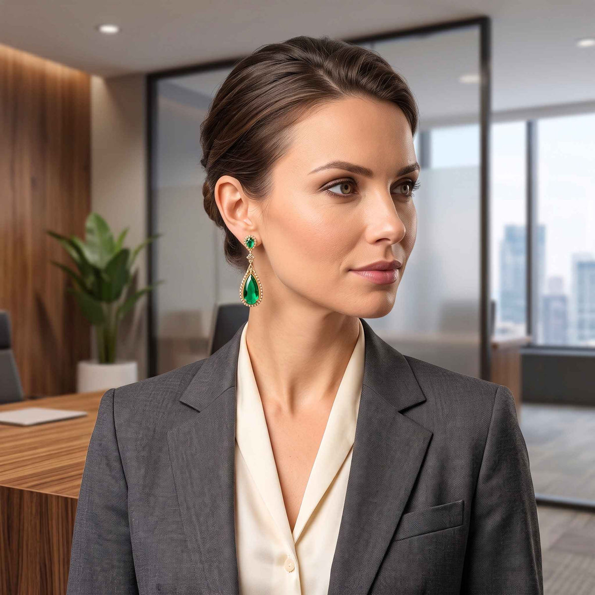 A woman in a grey blazer and cream blouse wearing a pair of green teardrop-shaped drop earrings from the Jewellery 4 Elegance collection, photographed in a modern office interior. Digitally rendered model for scale