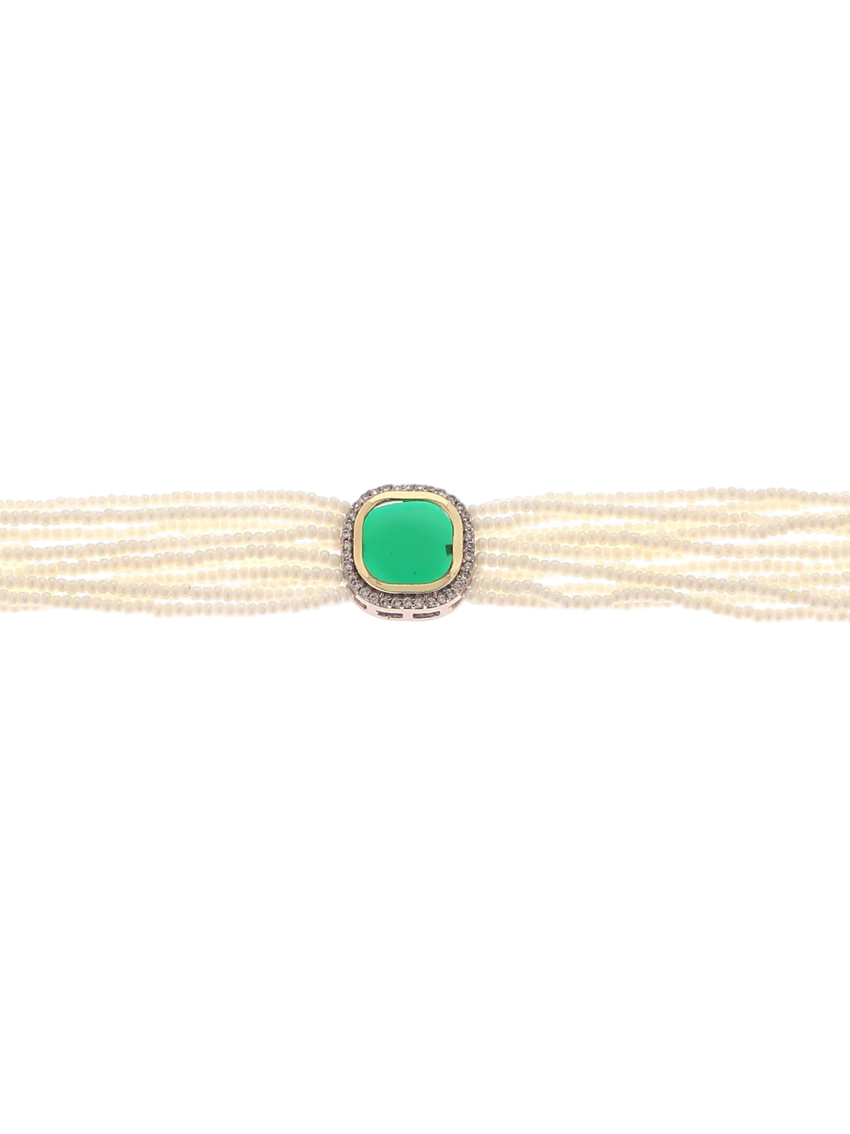 Green gemstone set on a pearl necklace against a white background