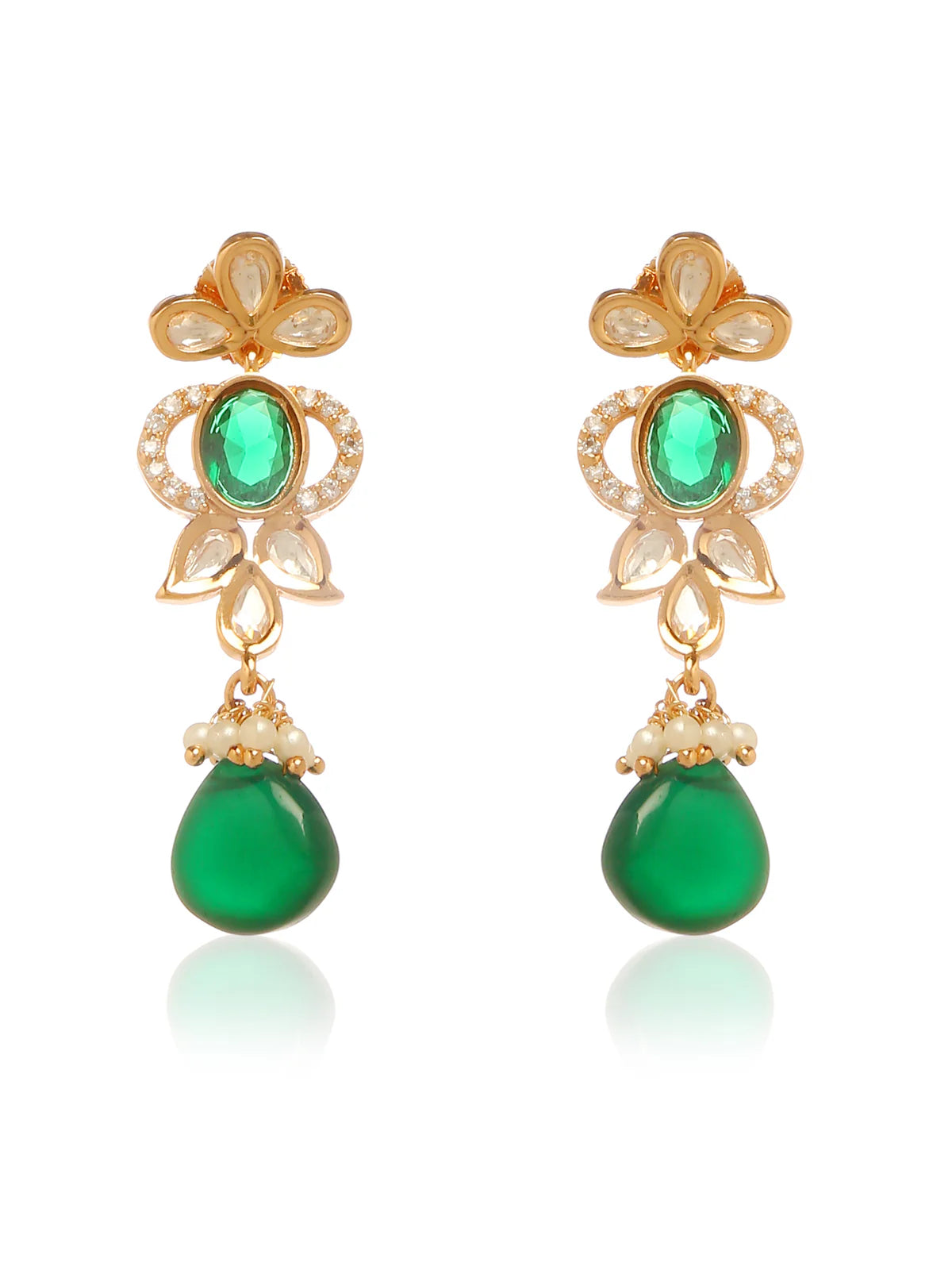 Emerald dangler earrings from a choker necklace and earrings et against a white background