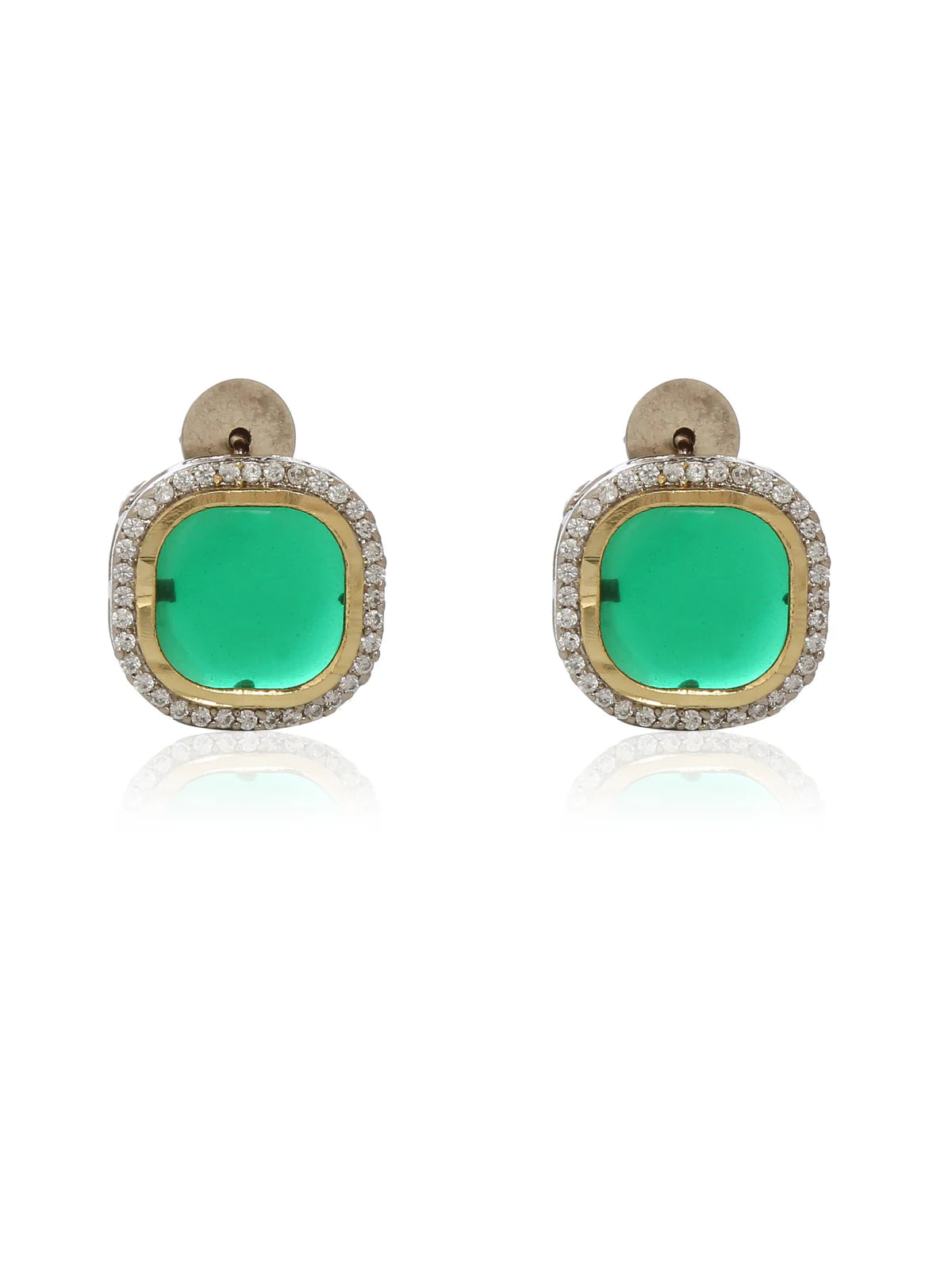Emerald coloured earrings surrounded by zirconia stones against a white background