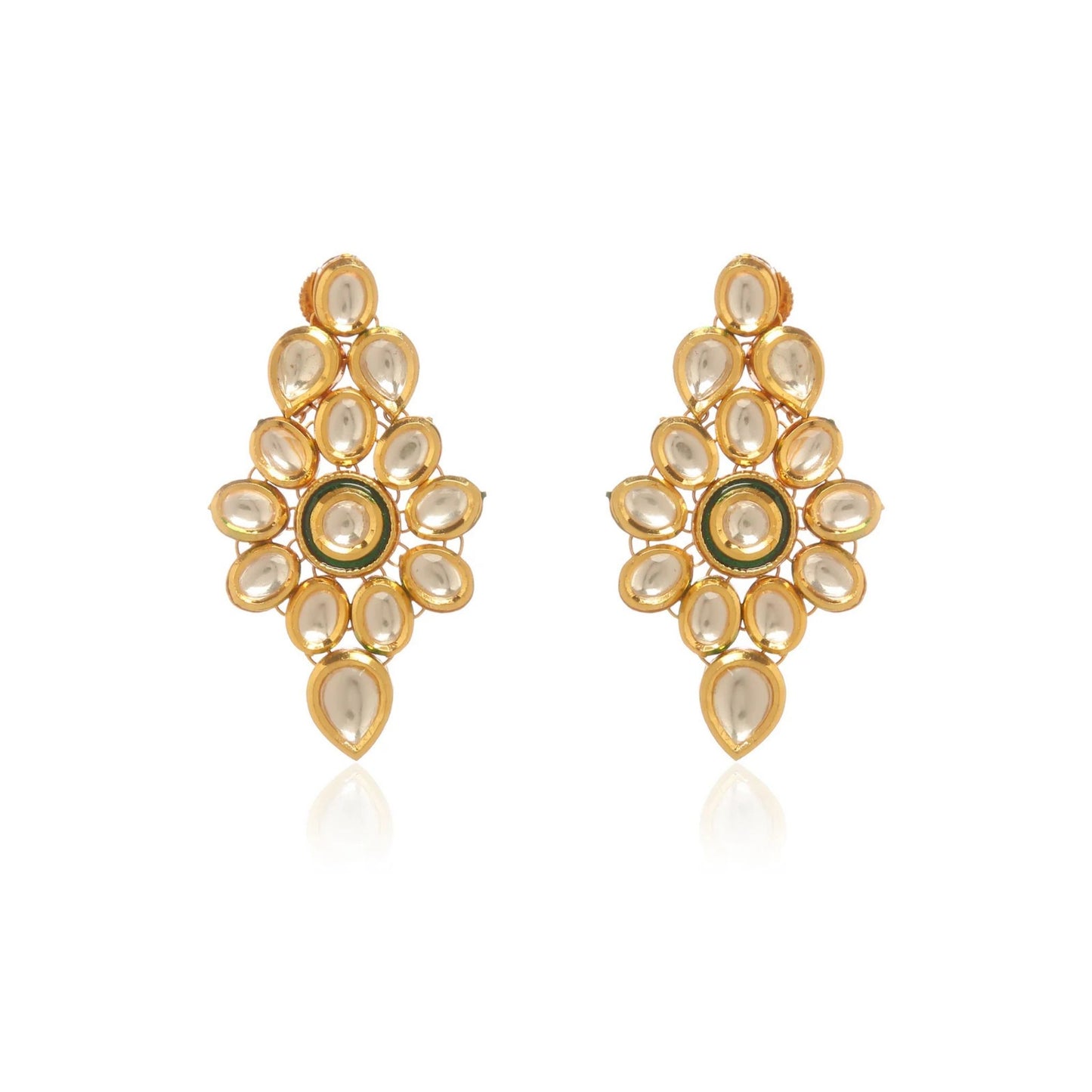 Gold earrings with green center on a white background