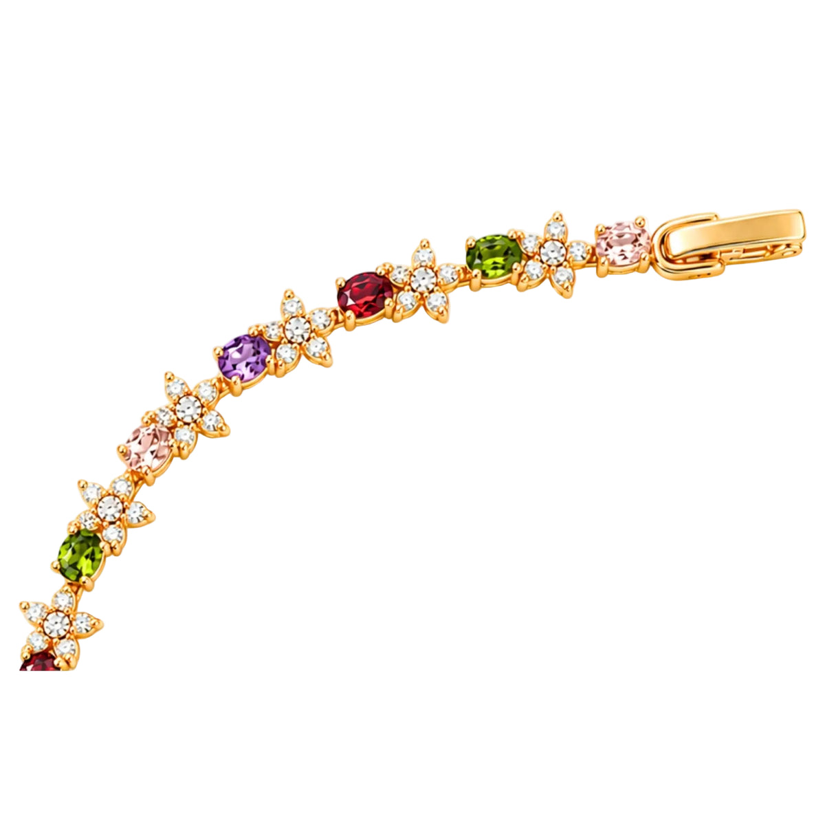 A gold tennis bracelet featuring a curved line of star-shaped floral clusters set with round-cut gemstones in pink, red, purple, green, and light green, accented by small clear stones from the Jewellery 4 Elegance collection, shown on a plain white background.