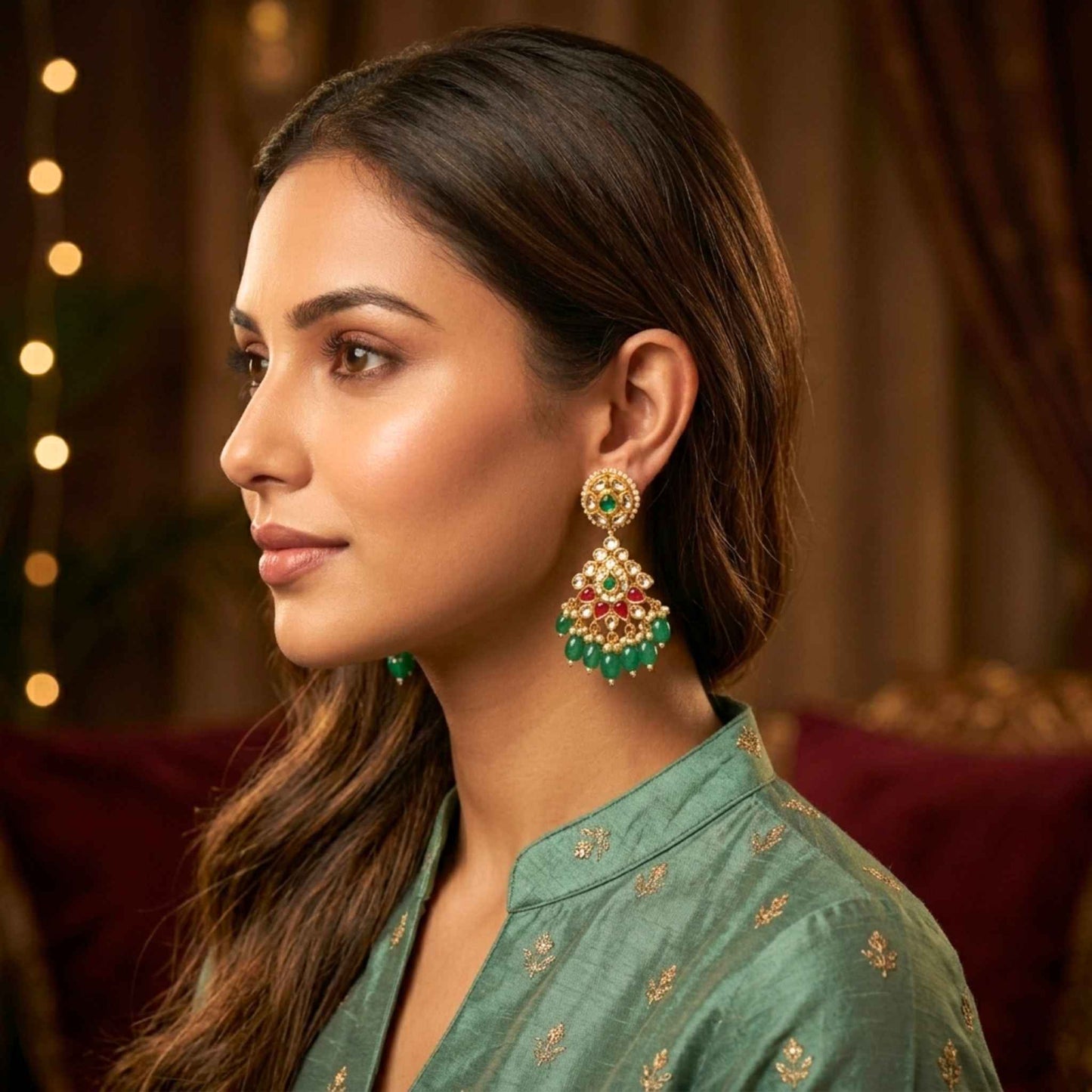 Gold Plated Indian Style Chandelier Drop Earrings with Green and Red Accents