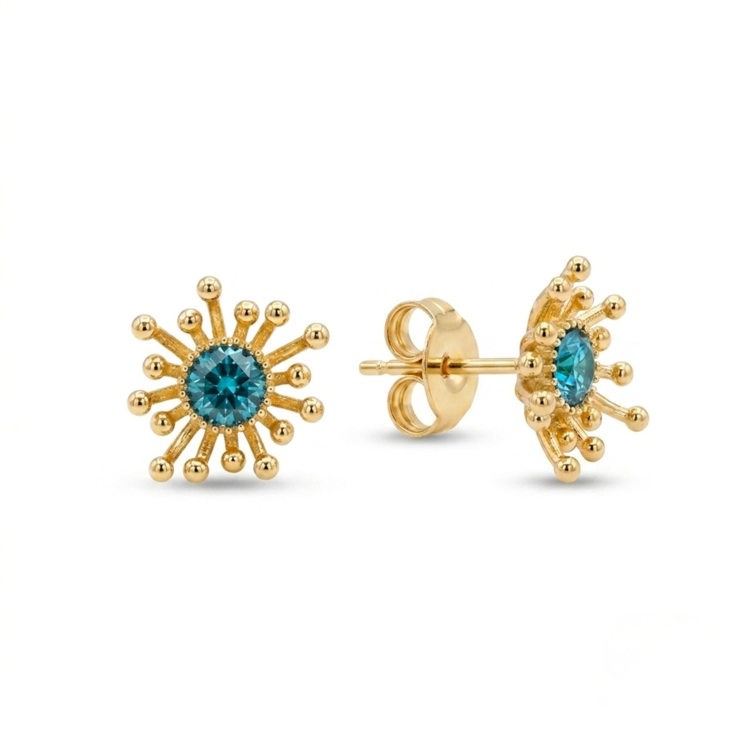 Pair of gold plated stud earrings with a rich blue centre gemstone from the Jewellery 4 Elegance collection.
