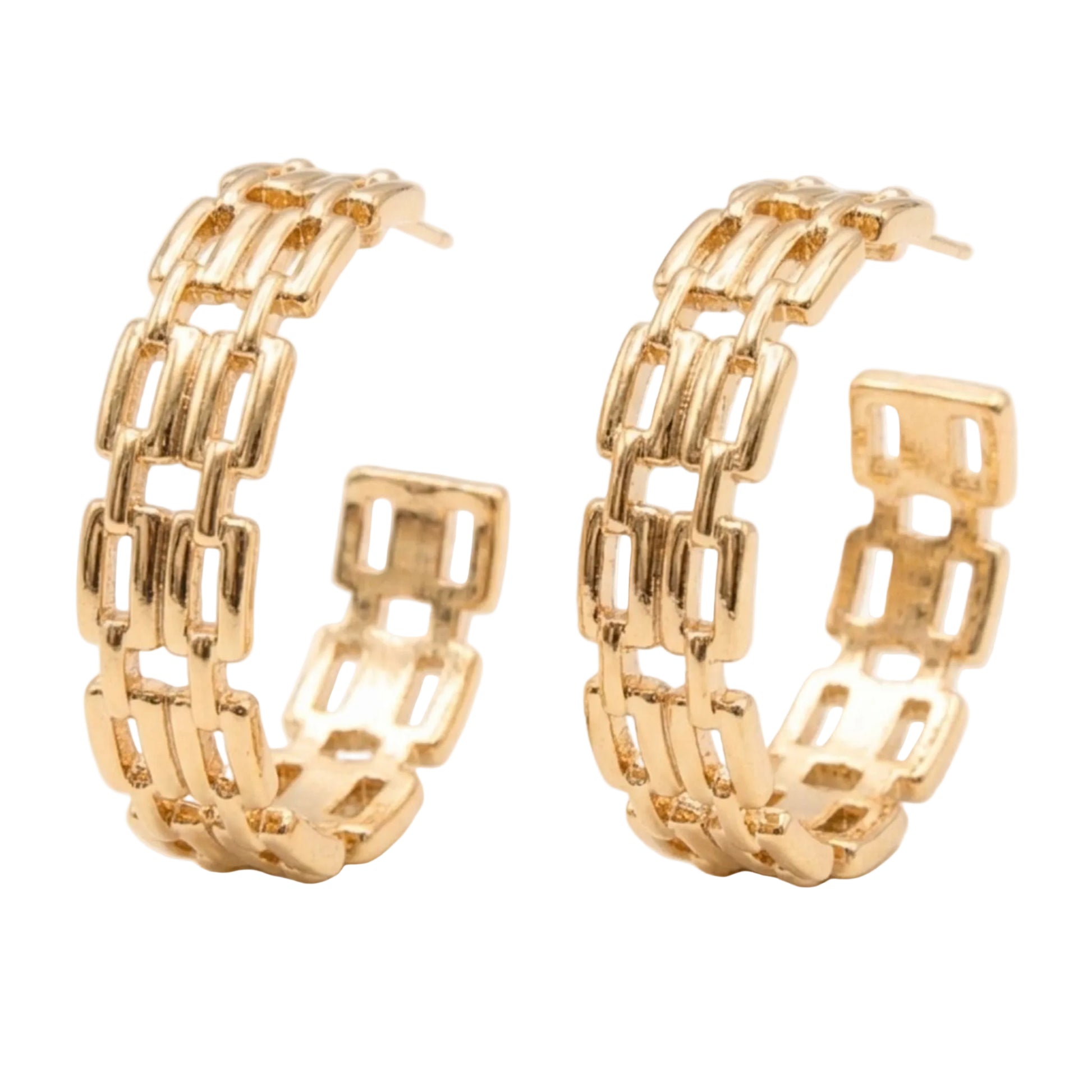 Gold chain hoop earrings on a white background