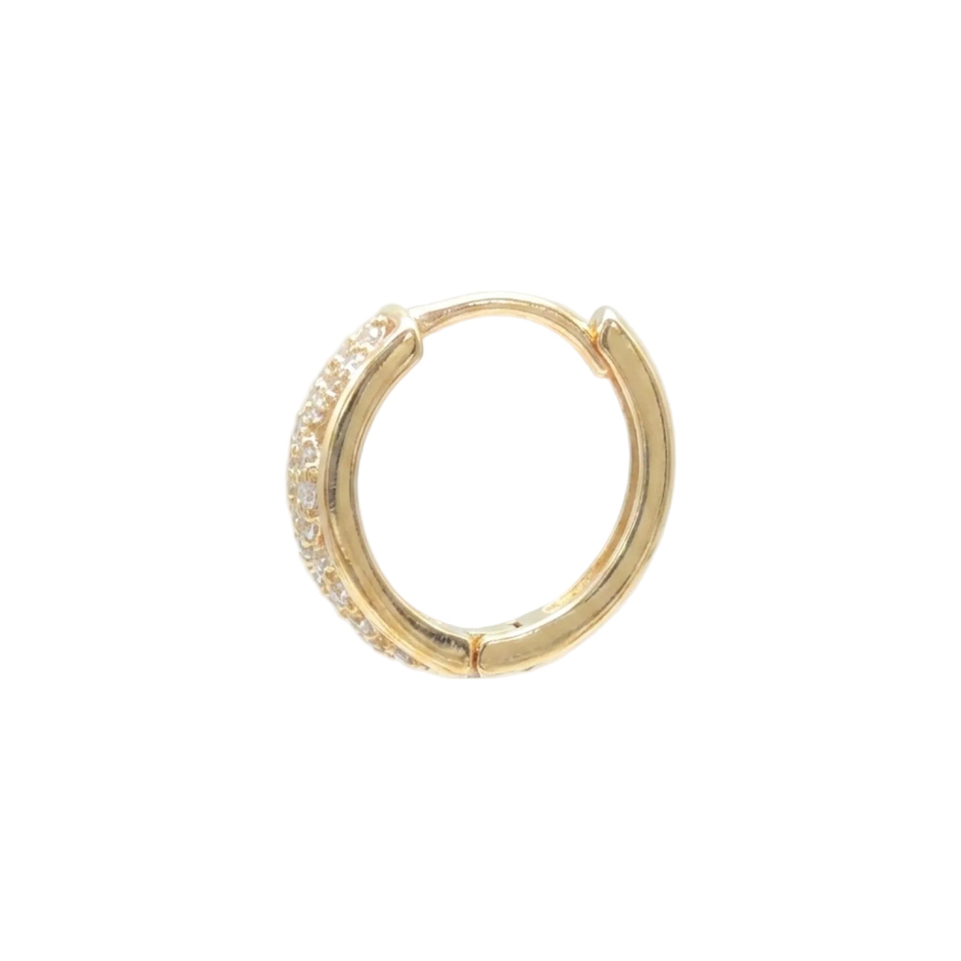 Side view of a pair of Jewellery 4 Elegance gold plated small hoop earrings featuring an openwork infinity latticework design set with pavé cubic zirconia gemstones.