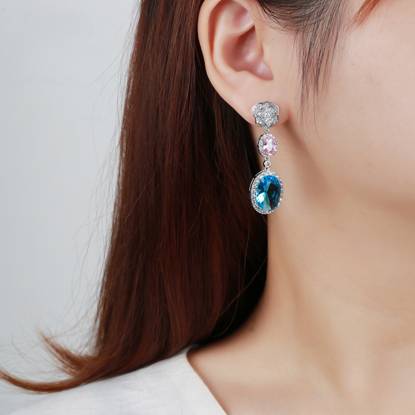 BLUE PINK AND PETAL DROP DROP EARRINGS