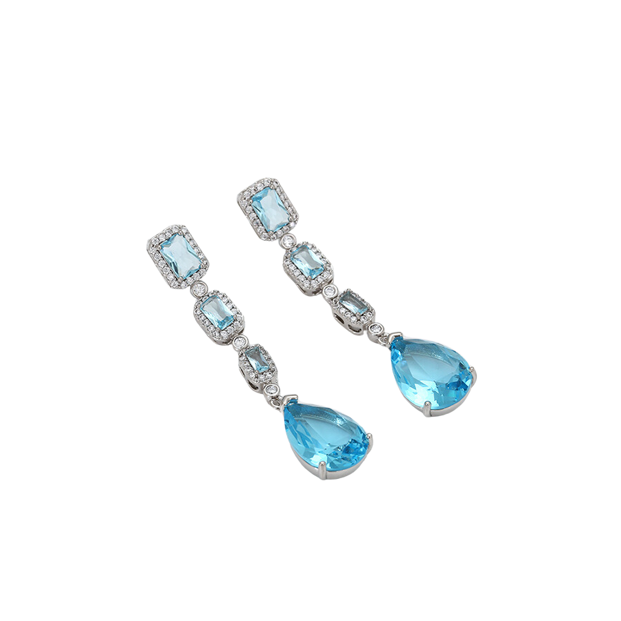 Pair of blue zirconia earrings on a white background