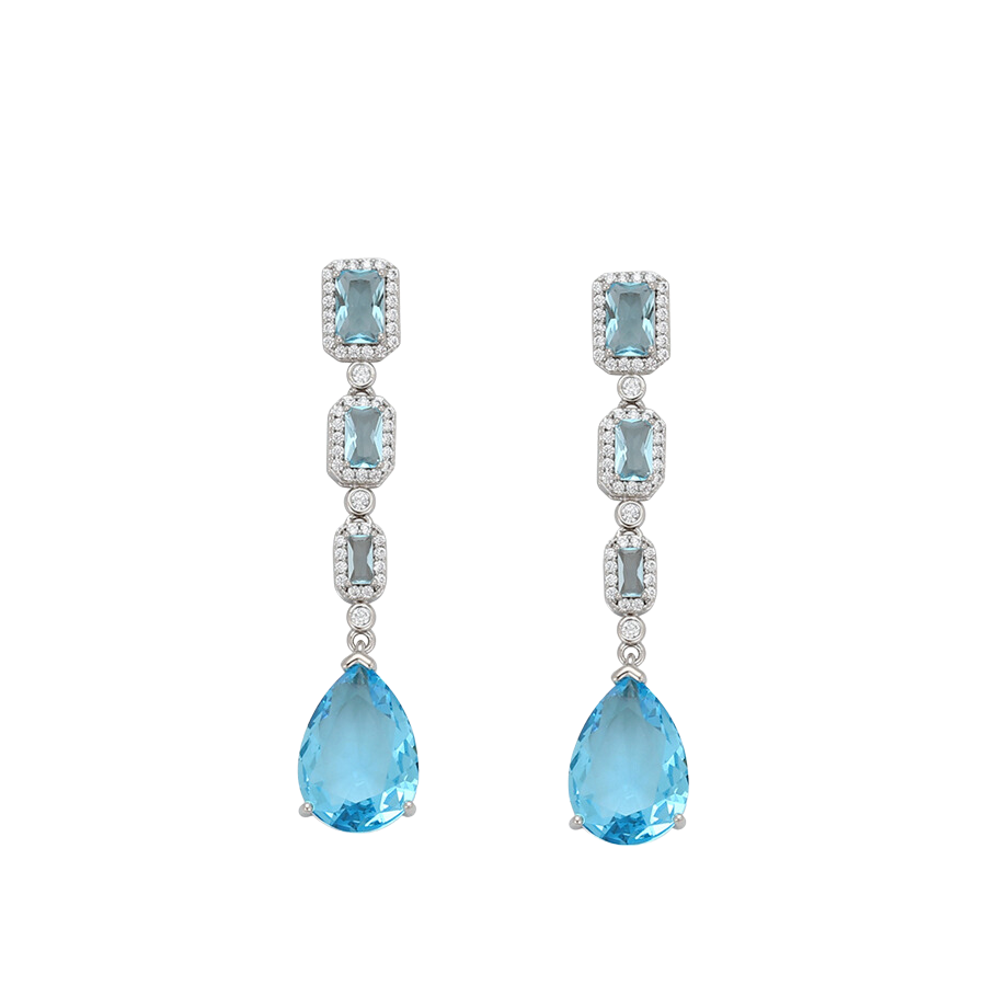 Pair of blue aquamarine drop earrings on a white background