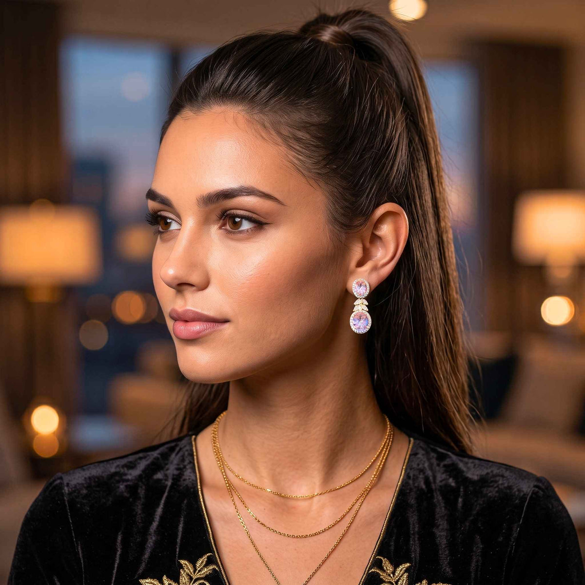 A woman with her hair in a high ponytail is shown in profile wearing a drop pink earring with a clear faceted top and a lavender-purple teardrop charm from the Jewellery 4 Elegance collection, along with layered gold necklaces. She is wearing a black velvet top with gold embroidery, set against a warm, softly blurred indoor background.  Digitally rendered model for scale