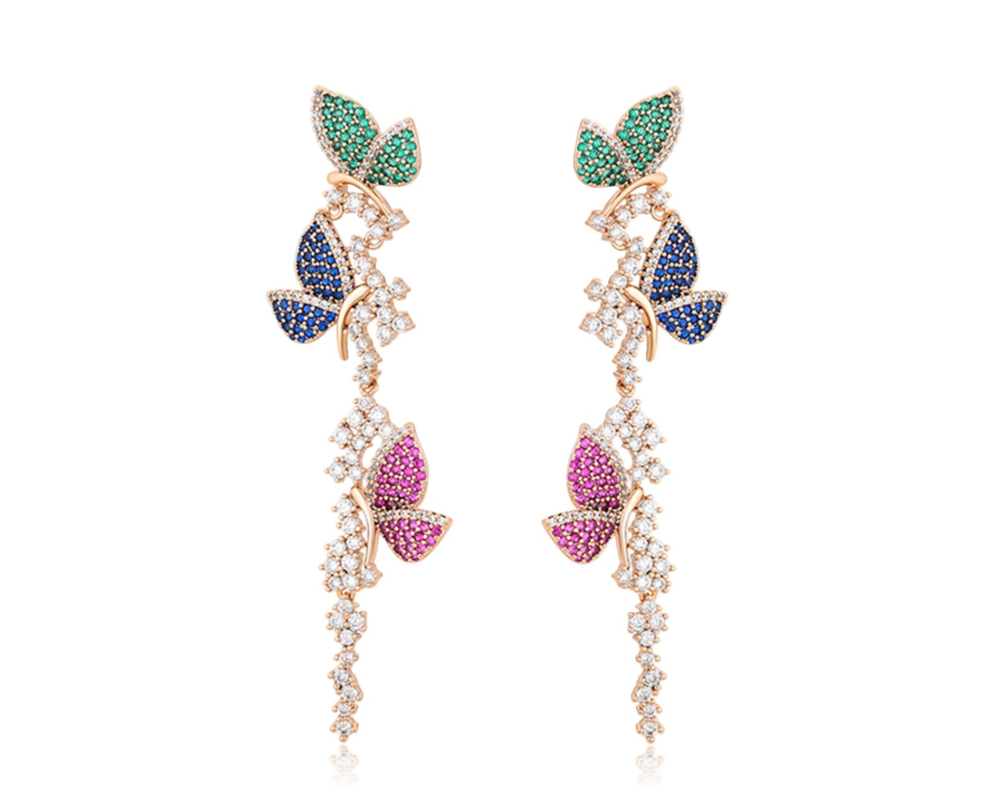 Pair of butterfly-shaped earrings with gemstones on a white background