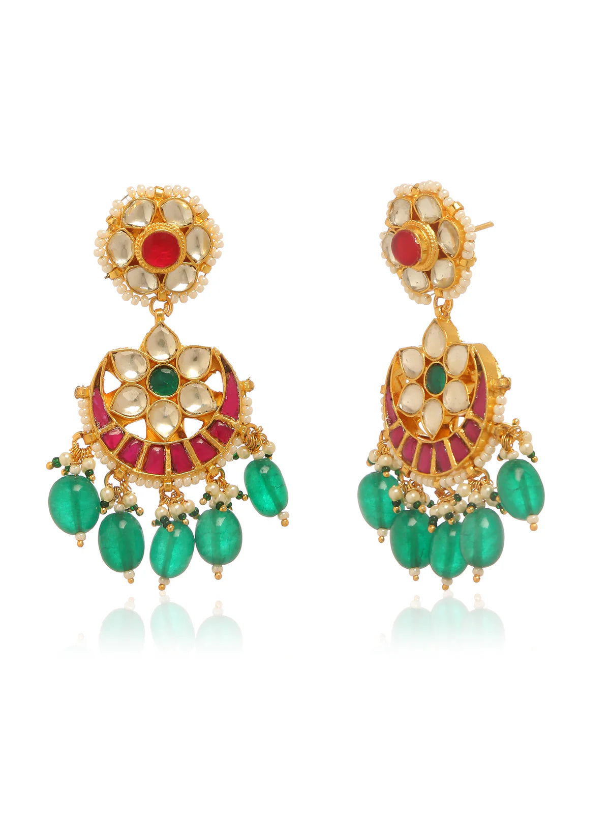 A pair of Chand bali Indian earrings in gold with green red and white stones.