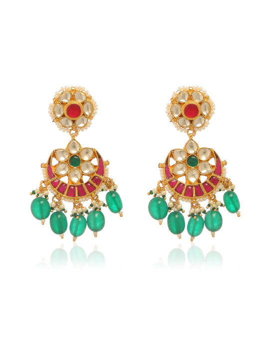 A pair of gold-plated drop earrings with ruby and emerald-coloured zirconia stones, adorned with pearl-like beads.