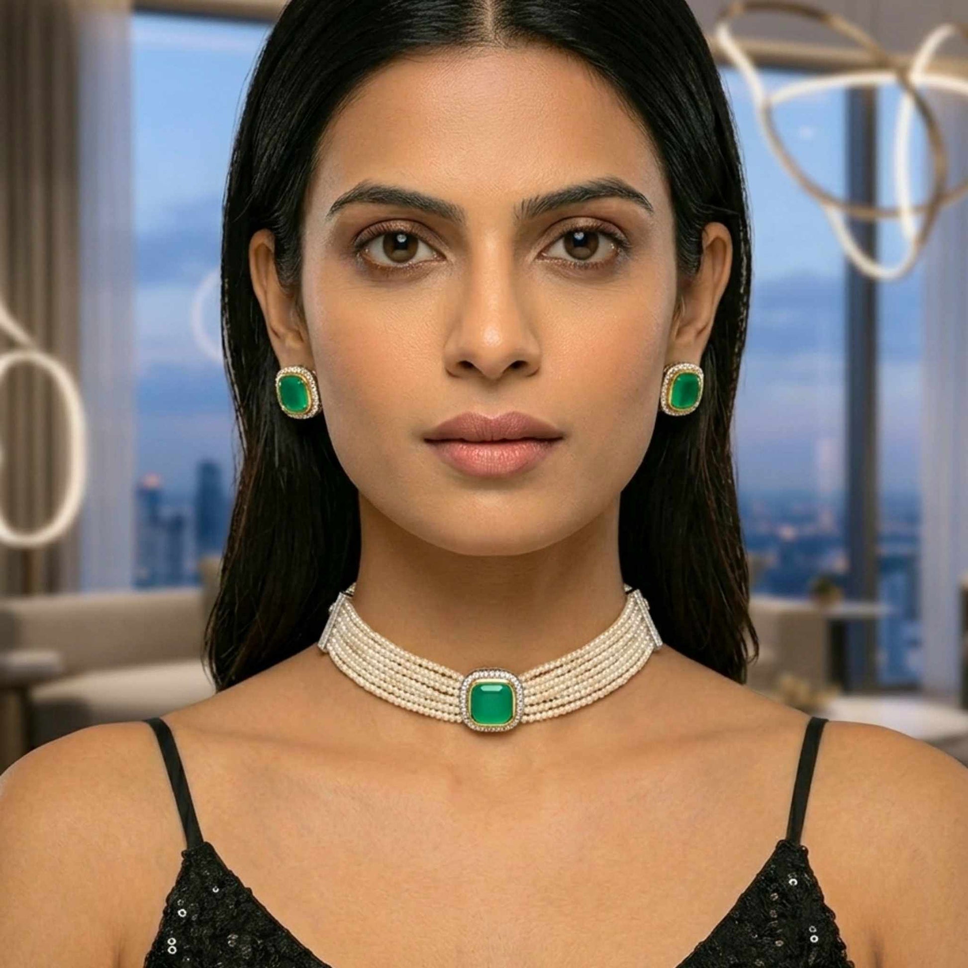 Woman wearing a green gemstone necklace and pearls and matching earrings in an indoor setting.  Digitally rendered model for scale.