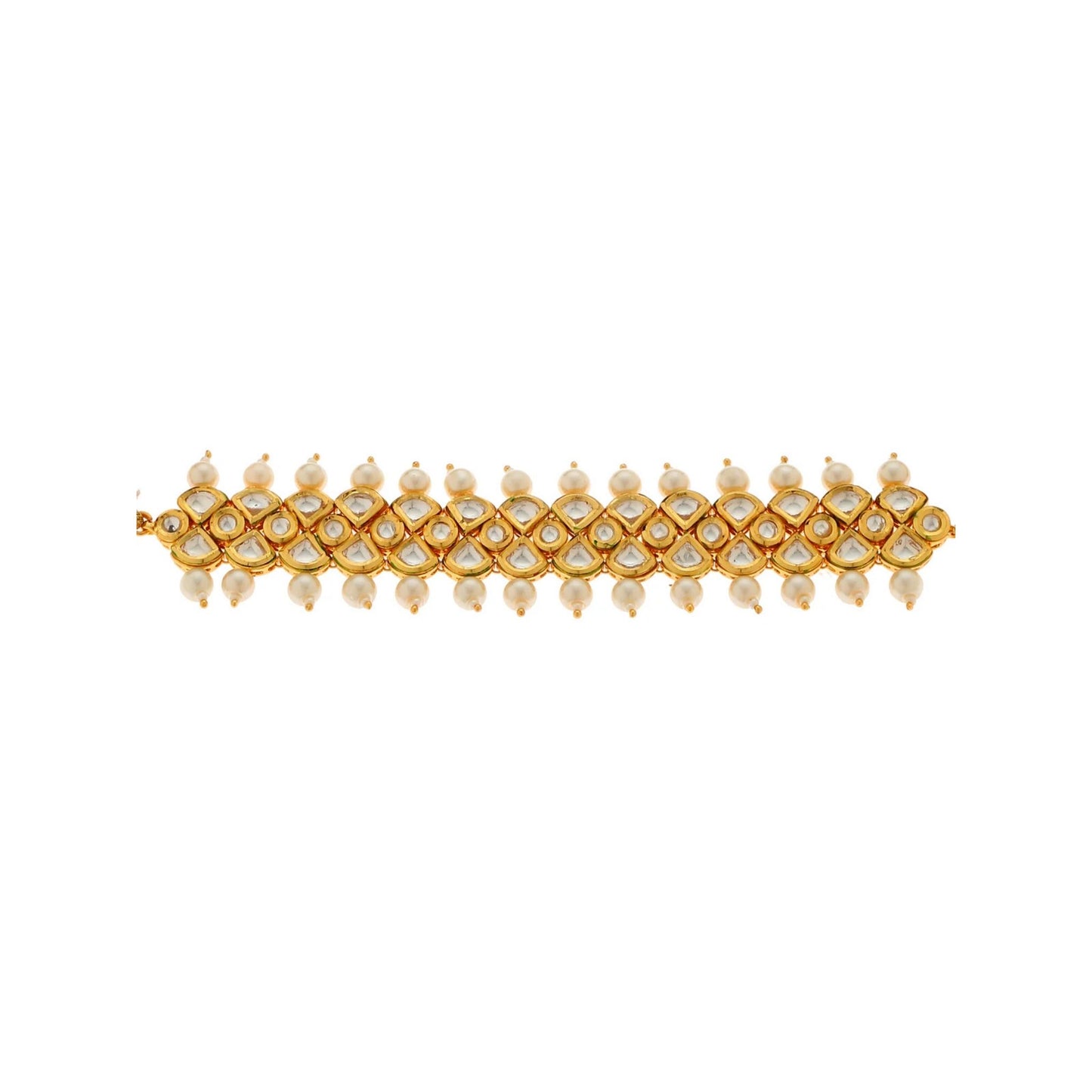 Part of a Gold necklace with white pears and white stones.