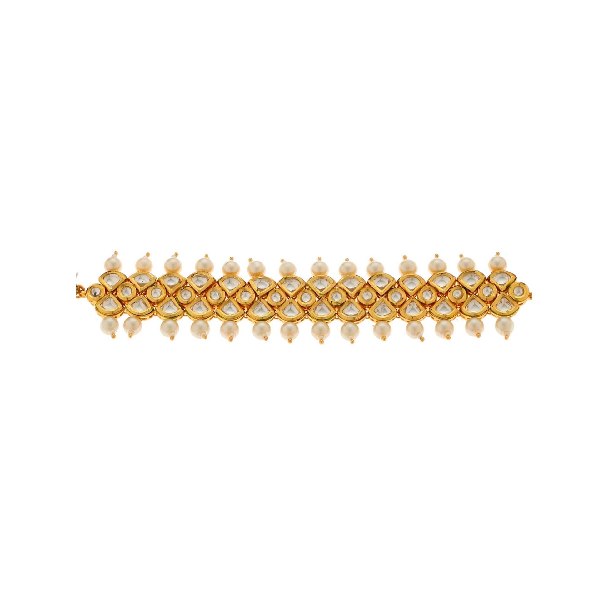 Part of a Gold necklace with white pears and white stones.