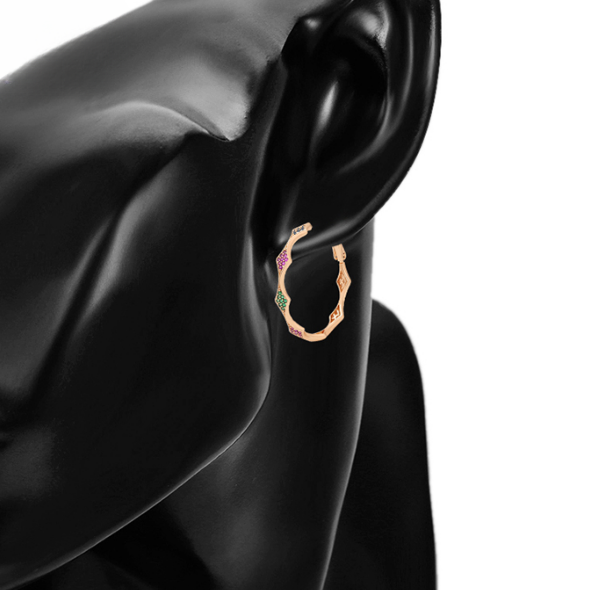 Gold hoops with red green and blue zirconia stones on model