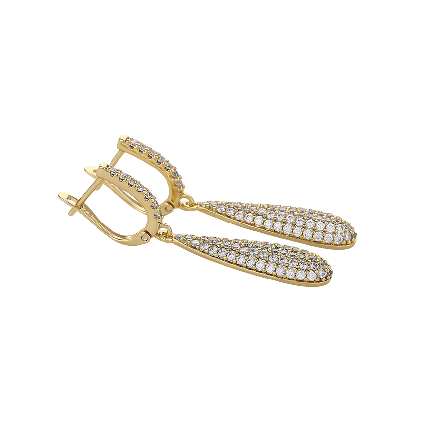 Gold earrings with clear zirconia stones on a white background