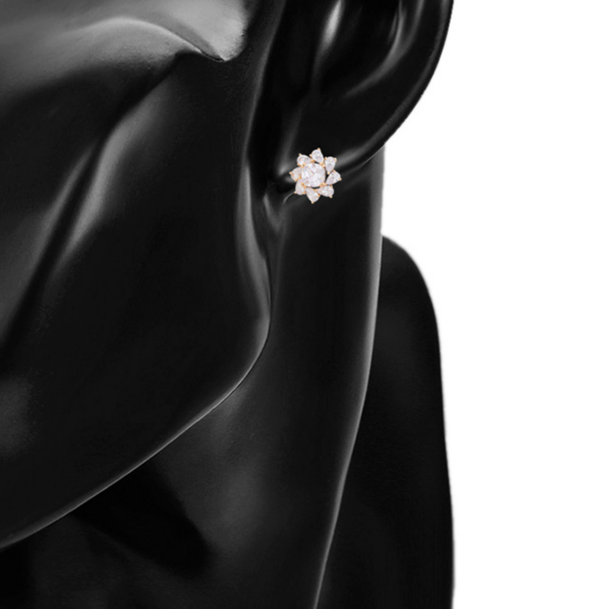 Diamond style zirconia stone earring on a model against a white background