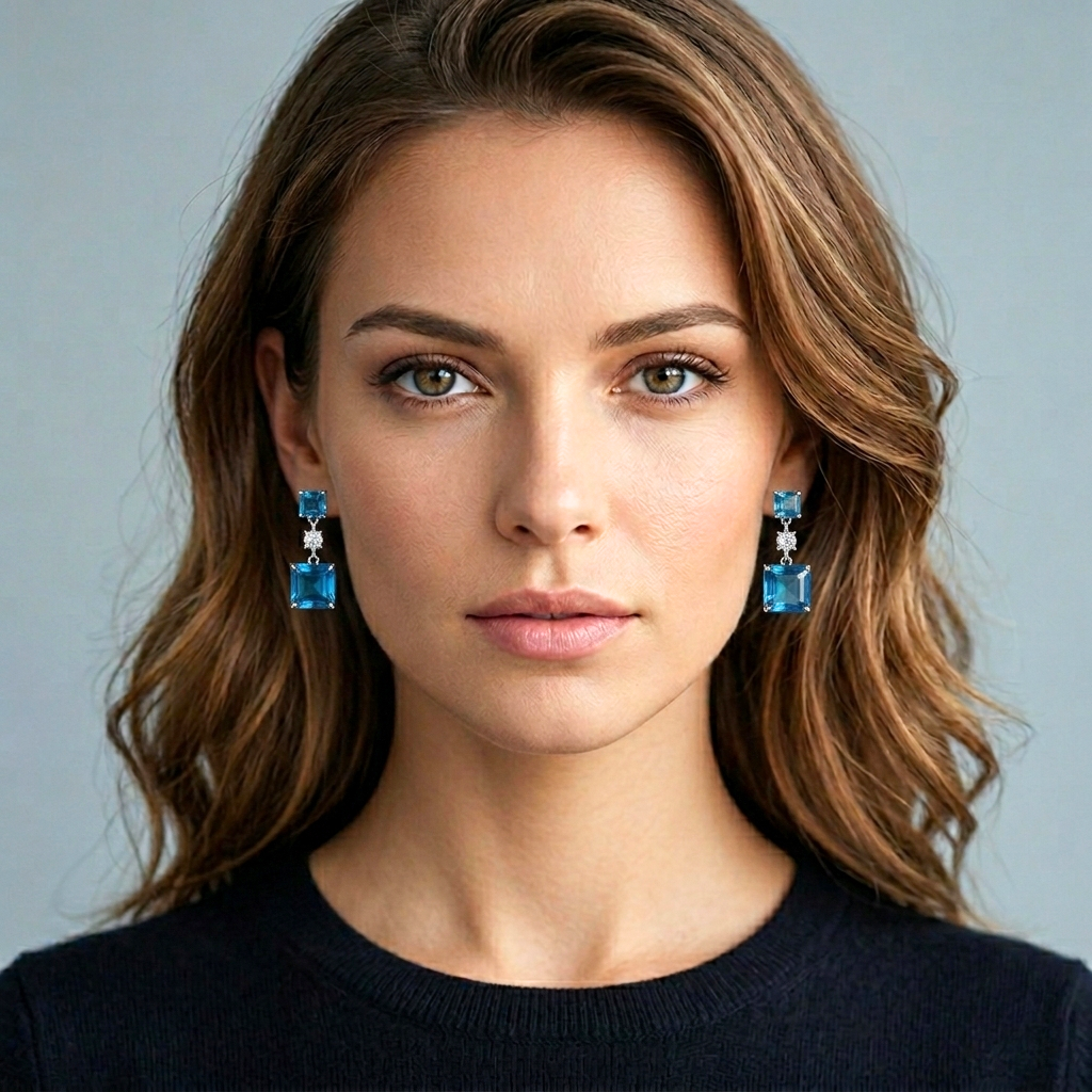 Attractive woman wearing blue earrings against a neutral background
