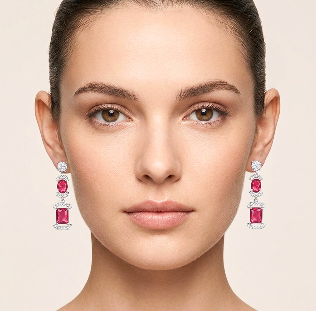 Close-up of a woman wearing red gemstone earrings against a light background