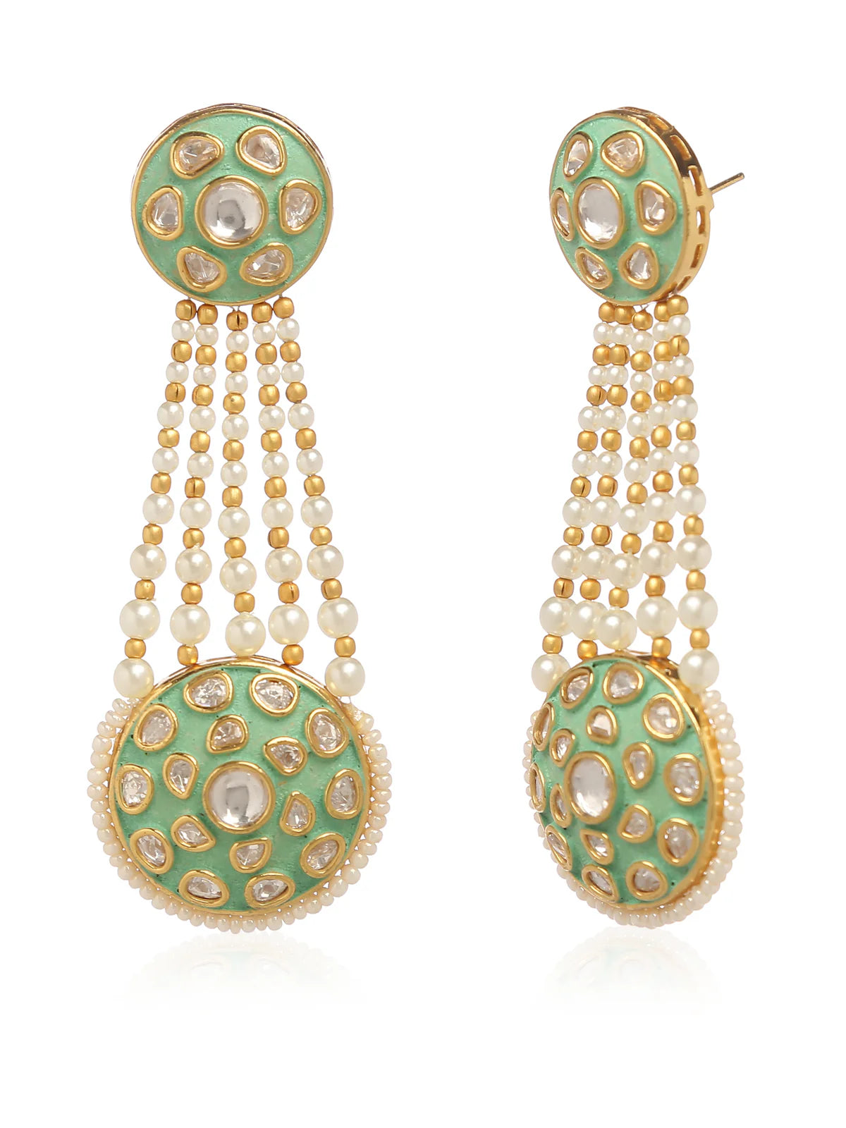 Dangler earrings with moon shape discs with gem stones in pastel green Indian inspired design against a white background.