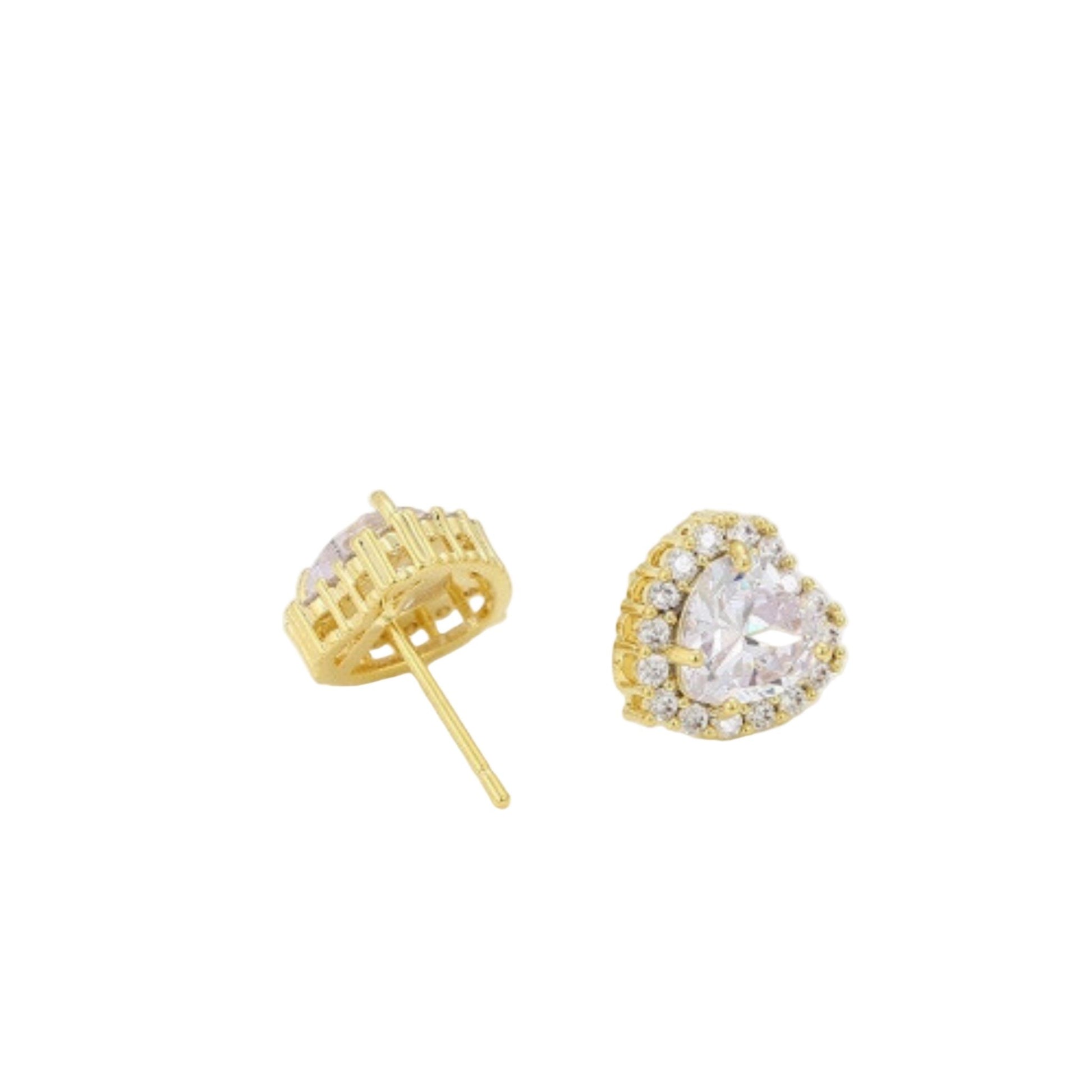 Gold earrings with clear gemstones on a white background