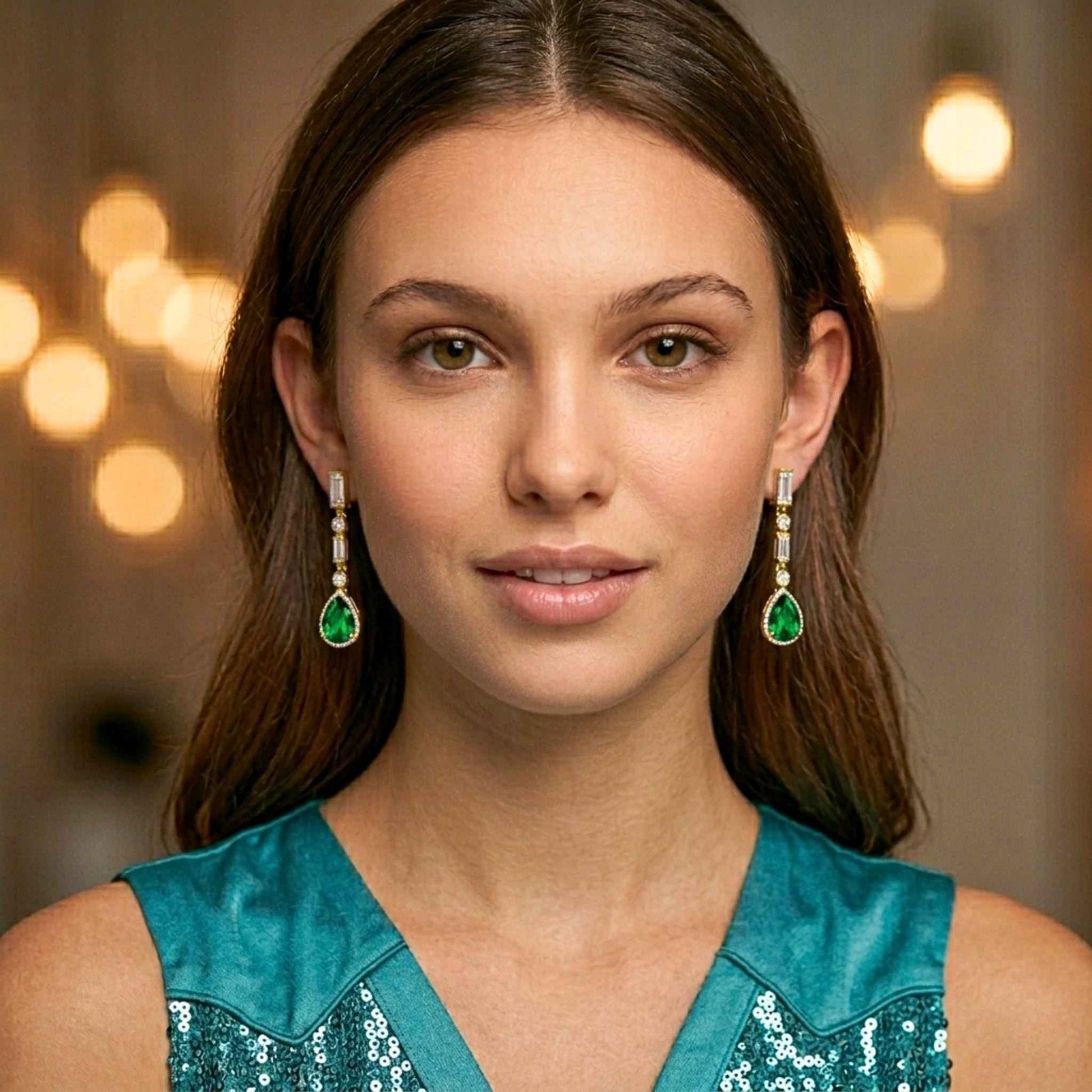 Woman wearing emerald green drop earrings with a blurred background.  Digitally rendered model for scale.