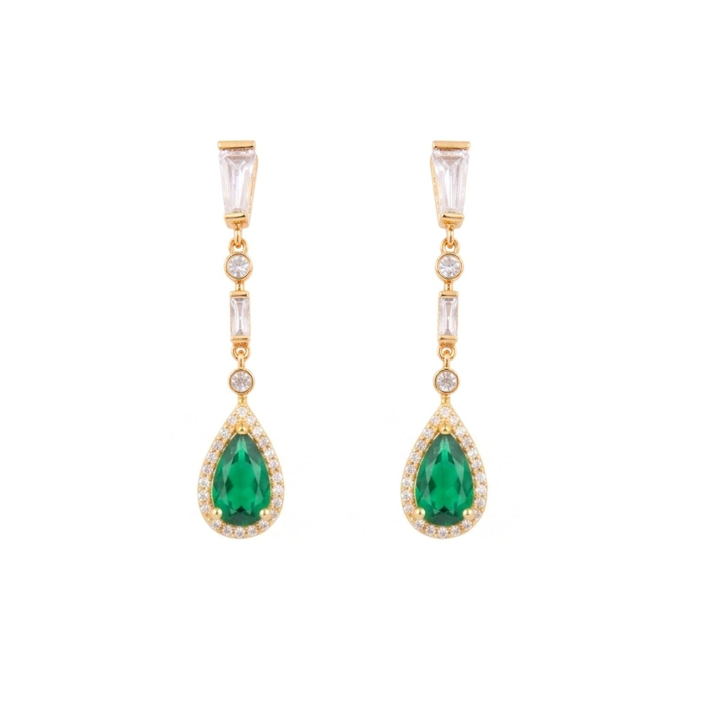 Gold plated drop earrings featuring pear-shaped sapphire blue cubic zirconia stones with pavé halo detailing and baguette-cut cubic zirconia accents