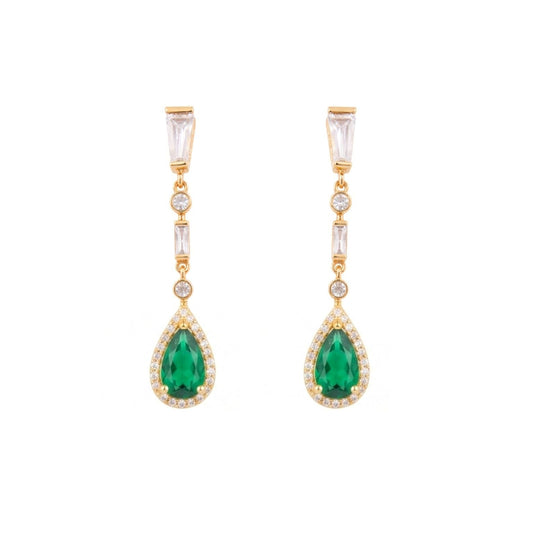 Gold plated drop earrings featuring pear-shaped sapphire blue cubic zirconia stones with pavé halo detailing and baguette-cut cubic zirconia accents
