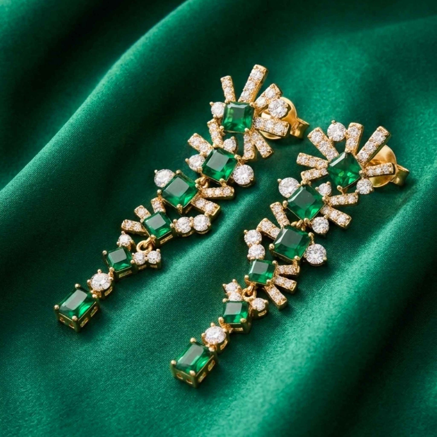 Gold earrings with emerald and diamond accents on a green fabric background