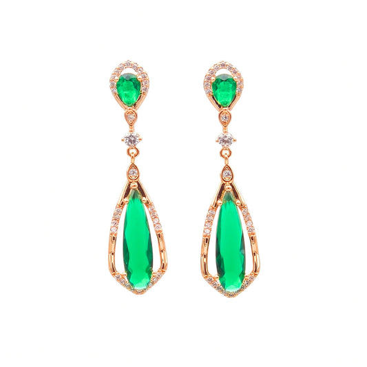A pair of rose gold dangle earrings featuring large green teardrop-cut gemstones and smaller green oval stones, accented with clear cubic zirconia stones, shown on a plain white background.