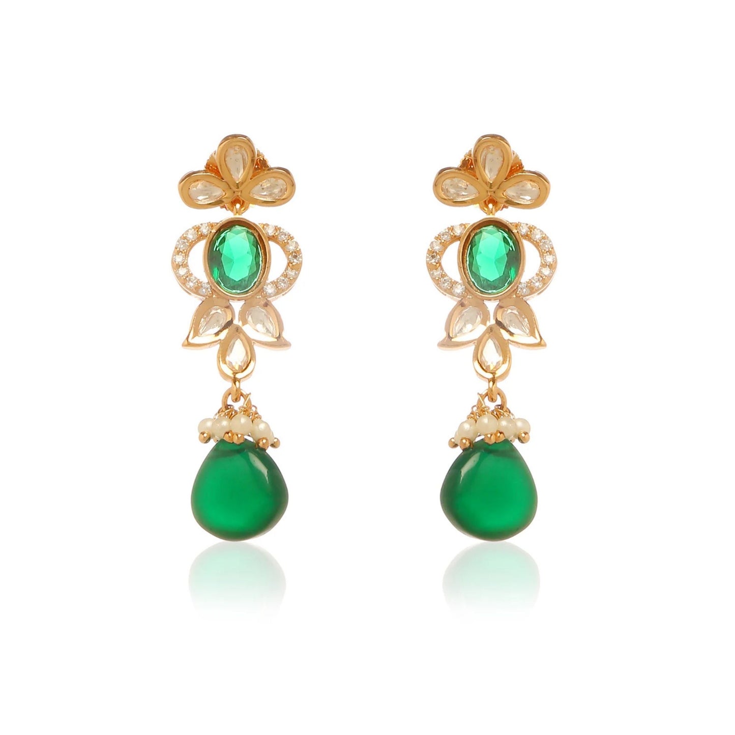 Gold earrings with green gemstones on a white background