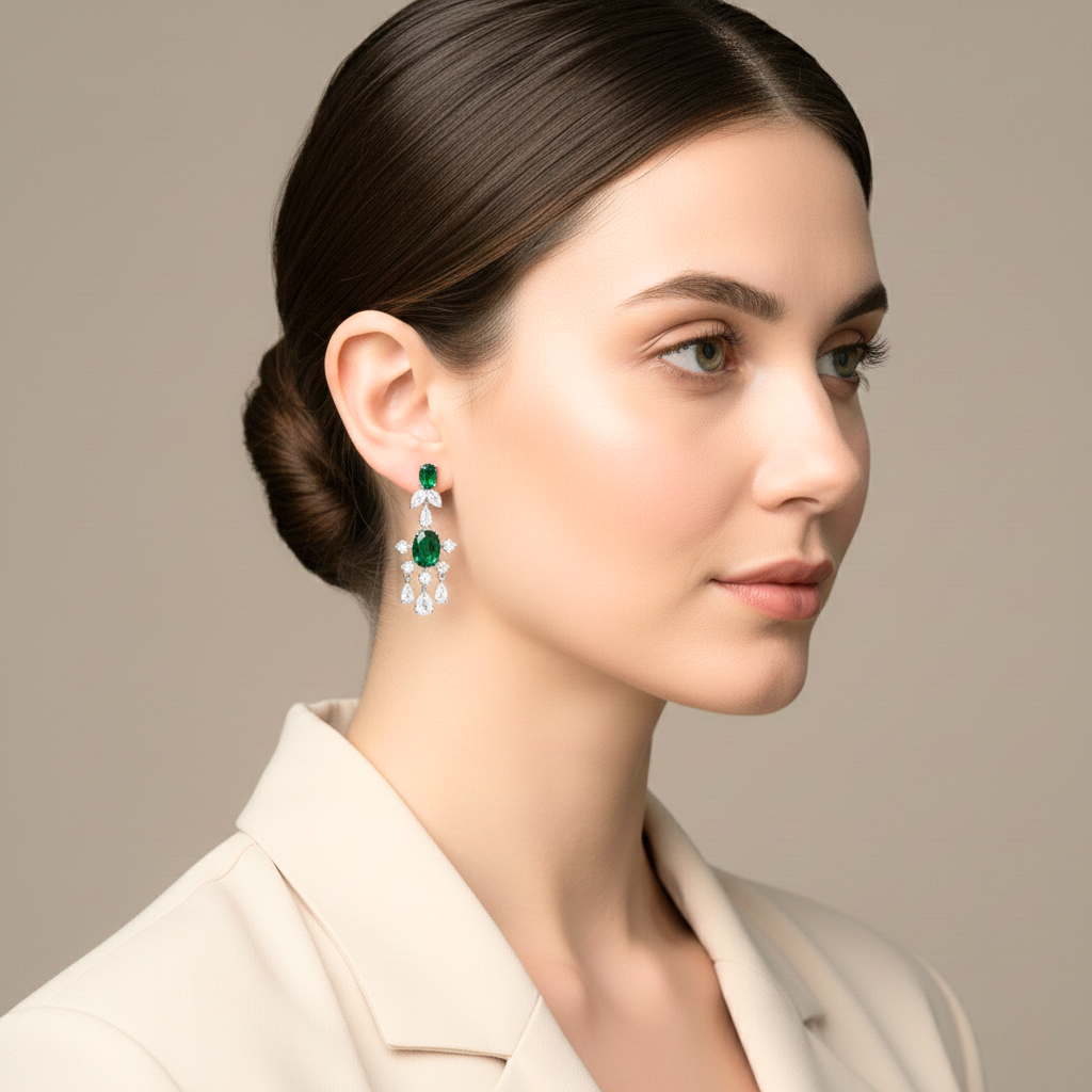 Woman wearing emerald green earrings with a neutral background