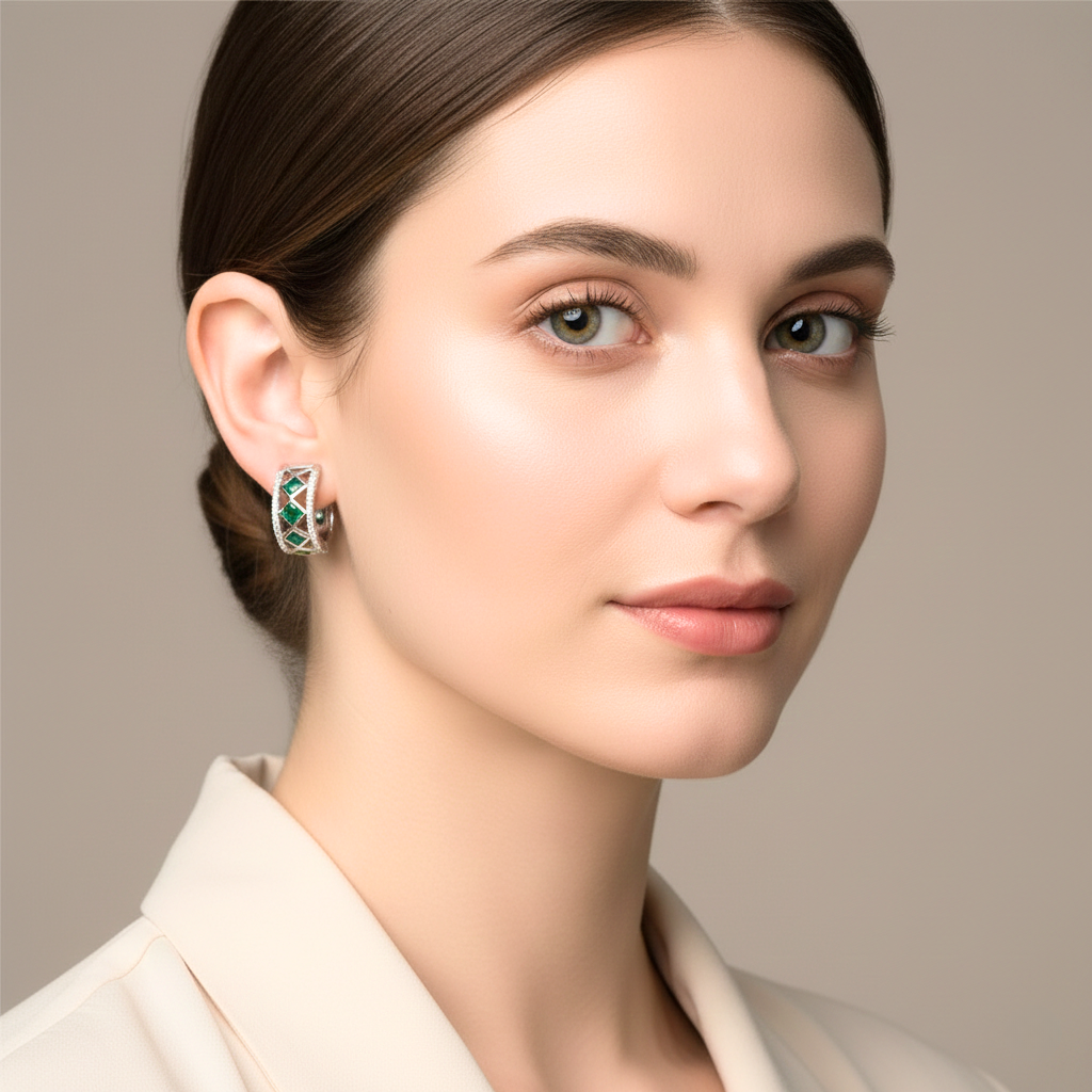 Close-up of a woman wearing emerald and white gen earrings hoops against a neutral background