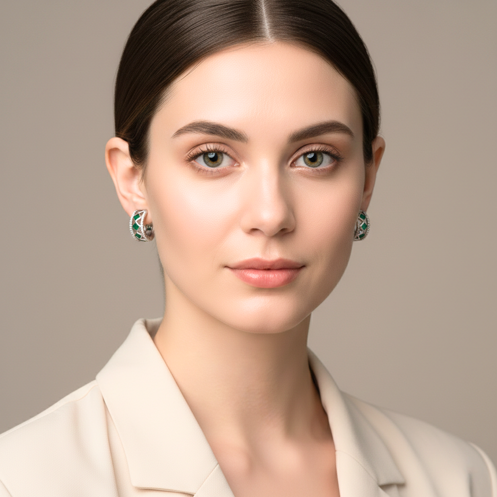 Woman wearing emerald green earring hoops against a neutral background
