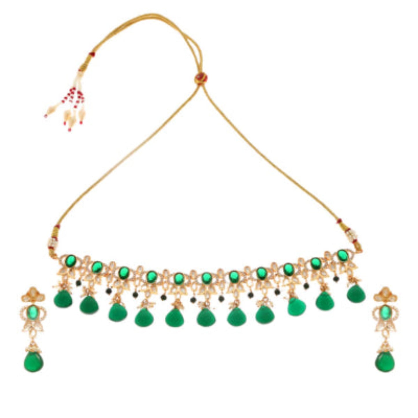 Green choker necklace in gold plated necklace with emerald green stones against a white background