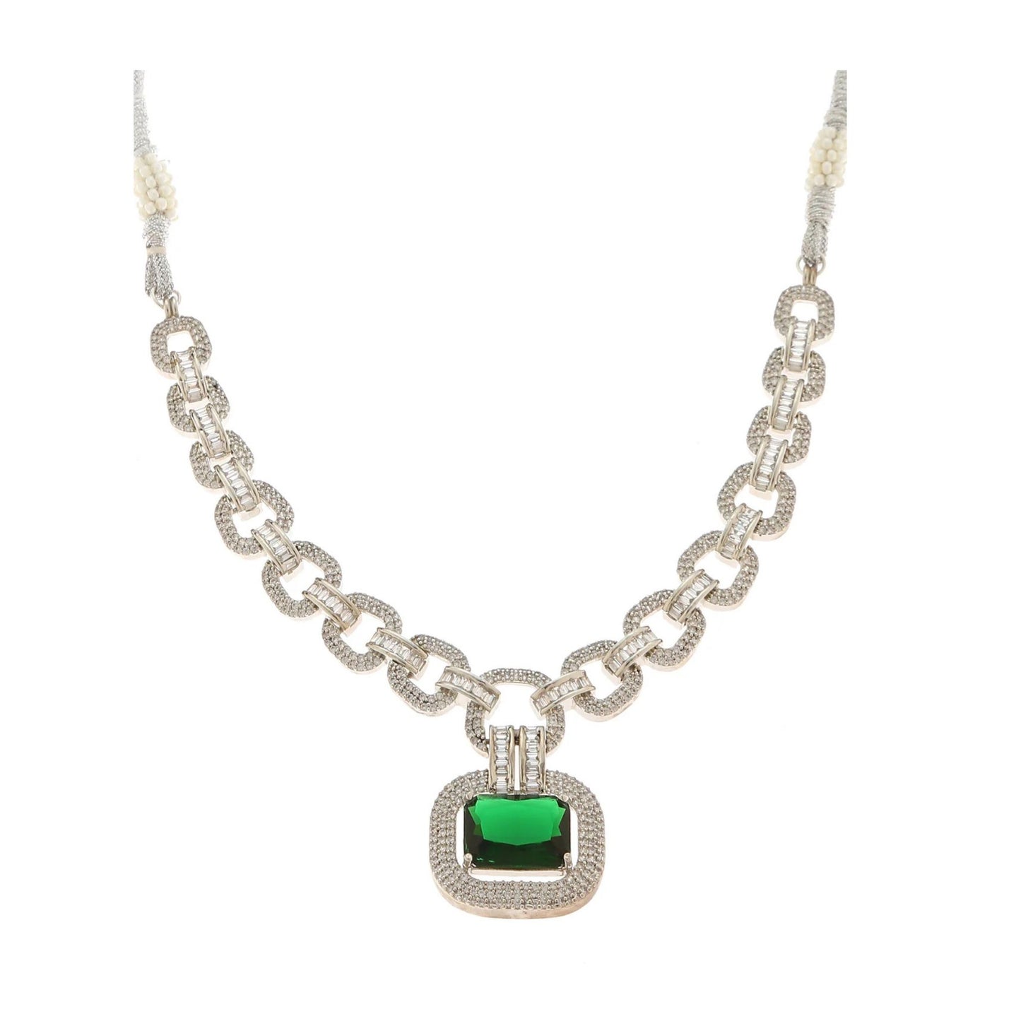 Silver necklace necklace with a green gemstone pendant on a white background