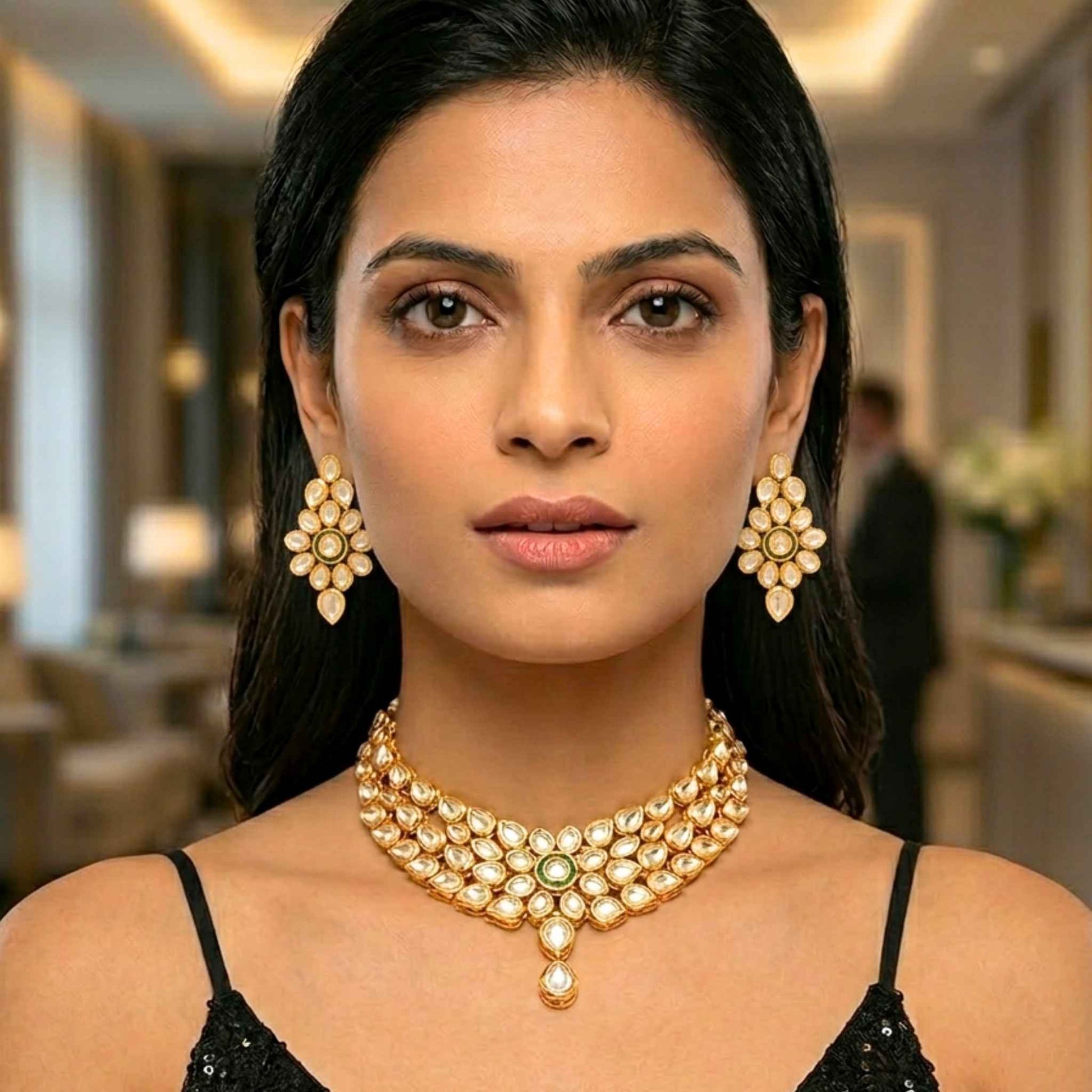 Woman wearing a gold choker necklace and matching earrings  in a formal  setting.  Digitally rendered model for scale