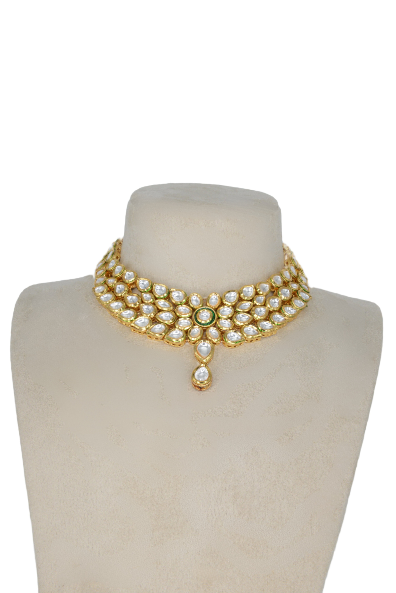 choker necklace with petals displayed on a busk against a white background