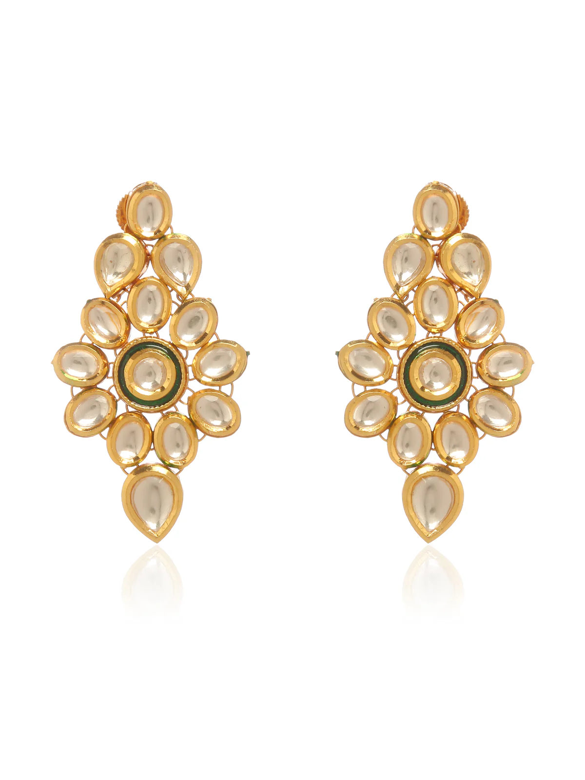Gold floral drop earrings in a petal design from a necklace and earring set against a white background