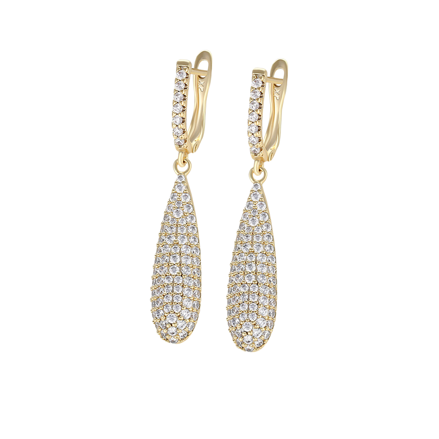 Gold teardrop earrings with clear sparkling zirconia stones on a white background