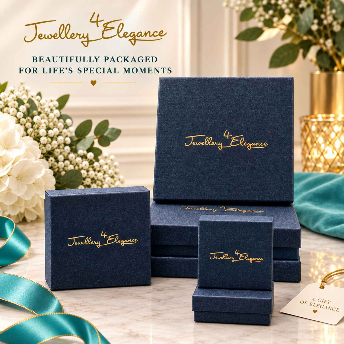 A set of navy blue jewellery gift boxes with gold foil 'Jewellery 4 Elegance' branding, arranged on a marble surface with decorative ribbons, flowers, and a gift tag for Jewellery 4 Elegance.