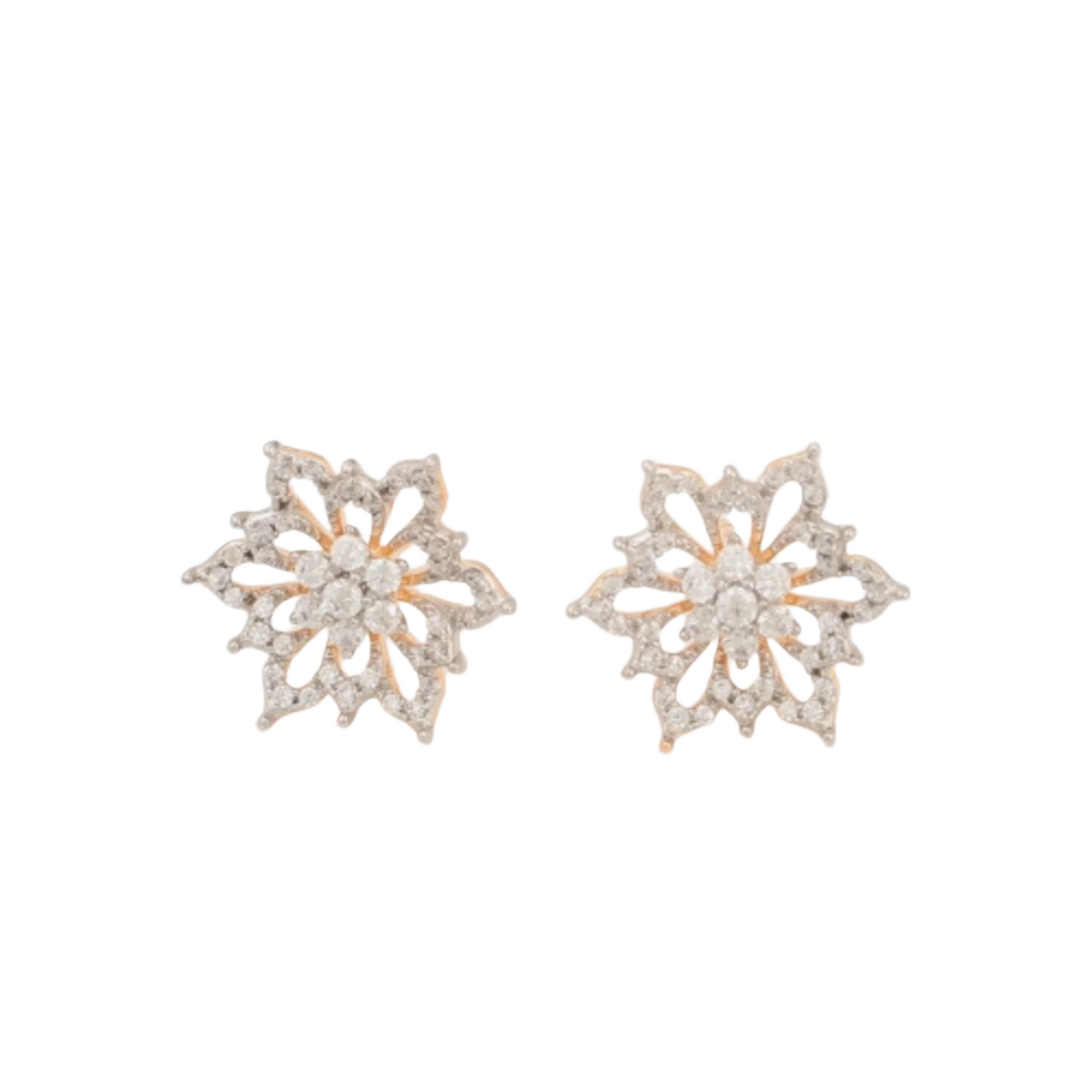 Pair of star-shaped earrings with clear stones on a white background