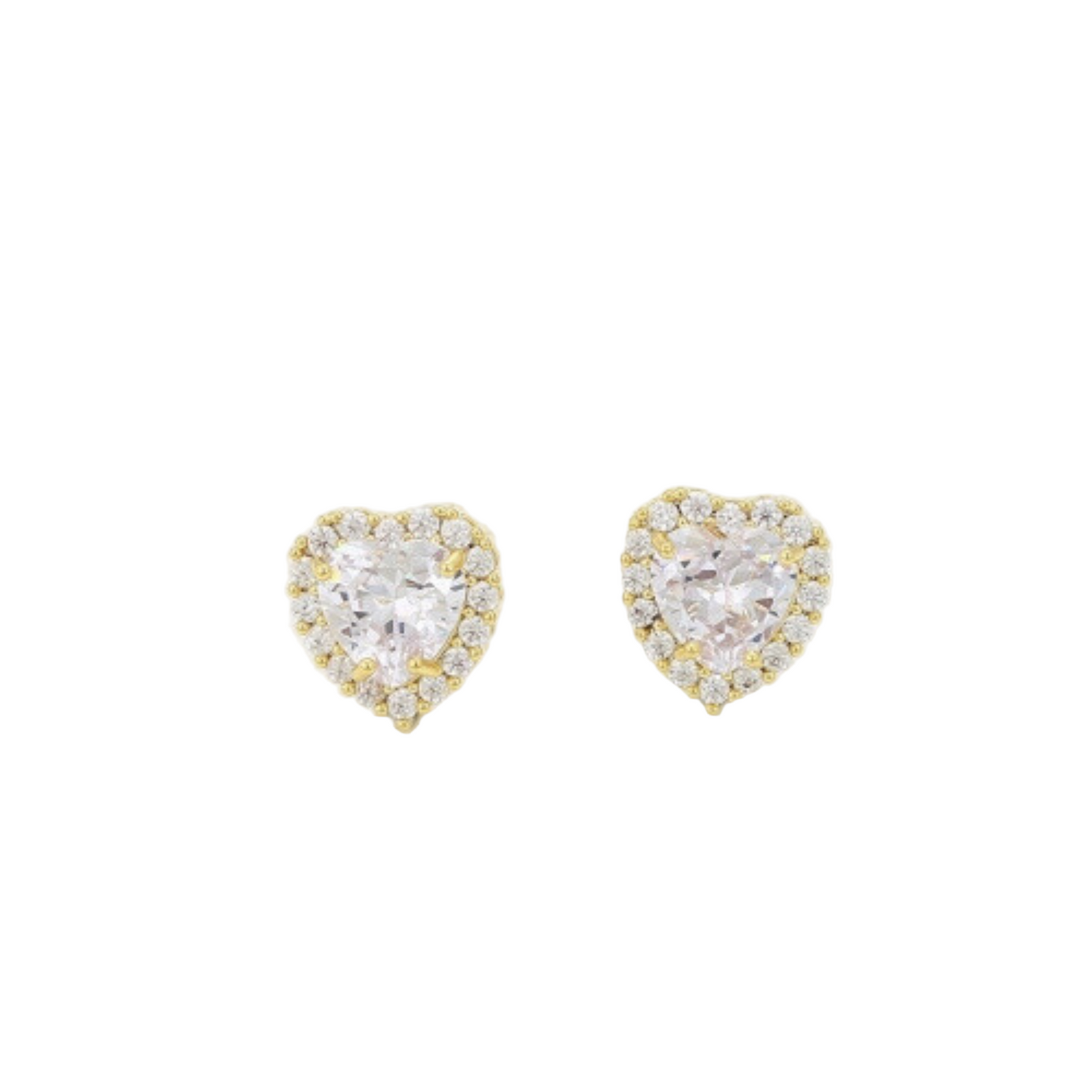 Heart-shaped earrings with clear zirconia stones on a light background