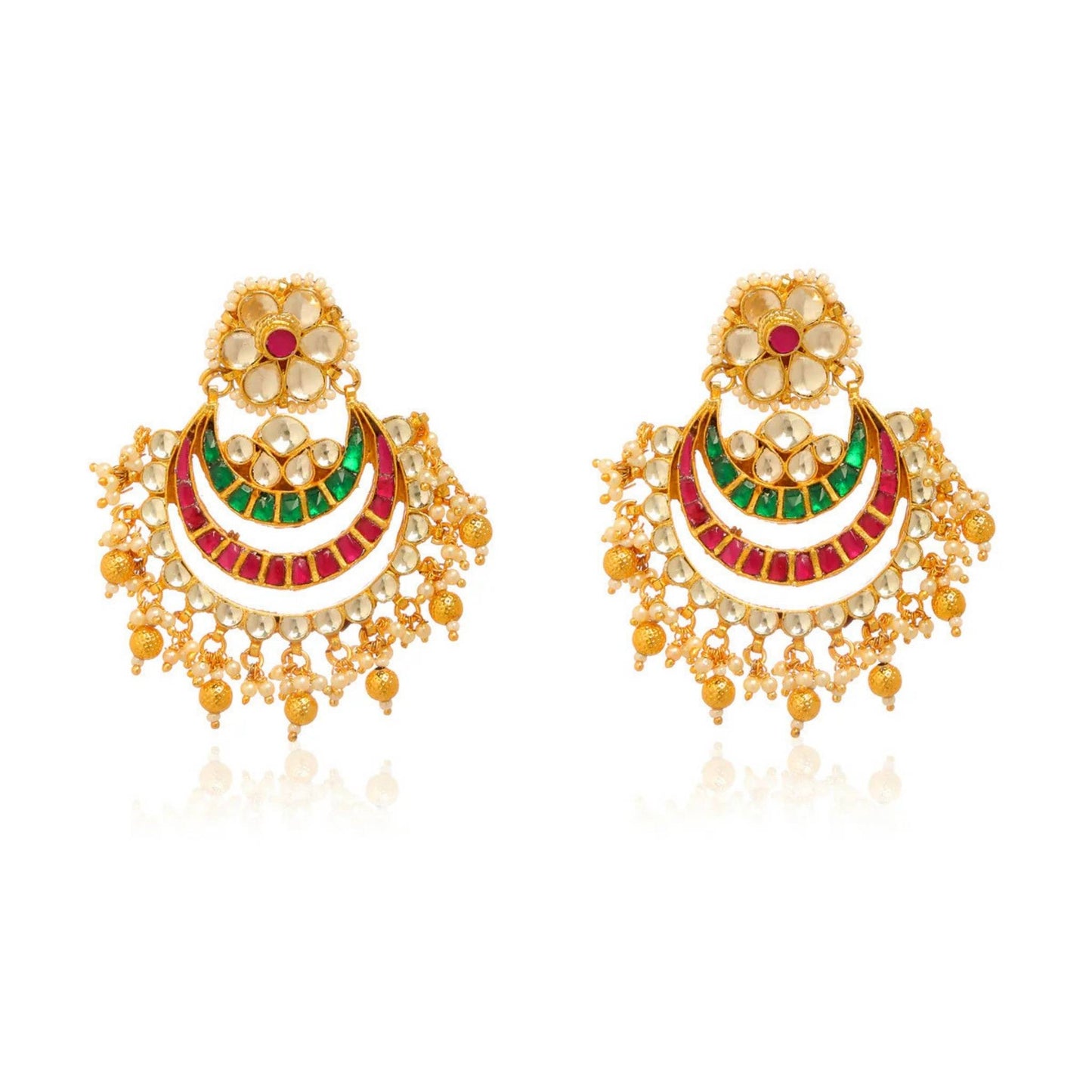 Gold earrings in an Indian style with Red and Green crescents adorned with coloured beads