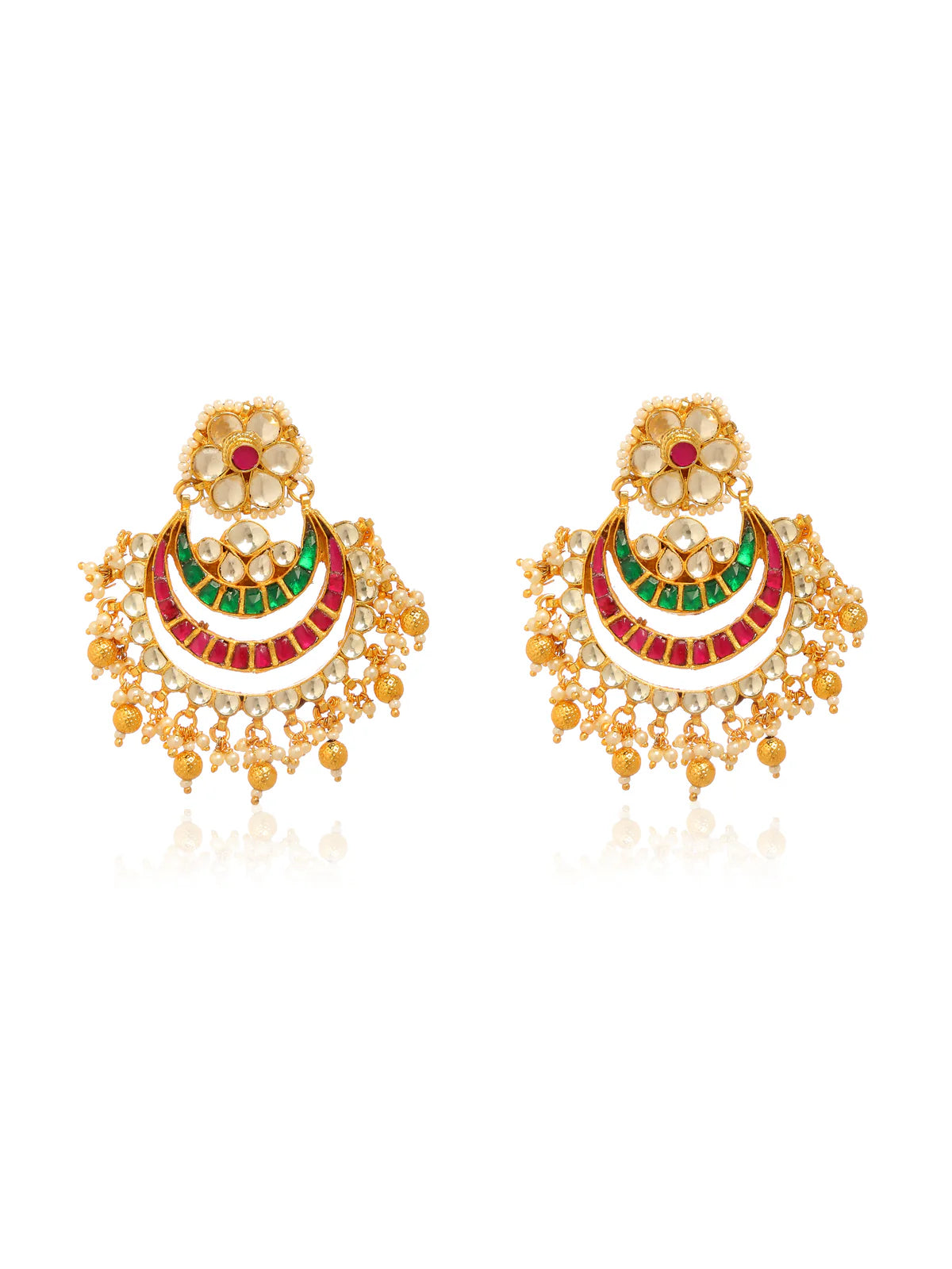 Gold earrings in an Indian style with Red and Green crescents adorned with coloured beads.