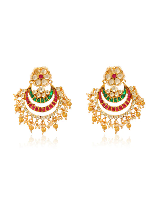 Gold earrings in an Indian style with Red and Green crescents adorned with coloured beads.